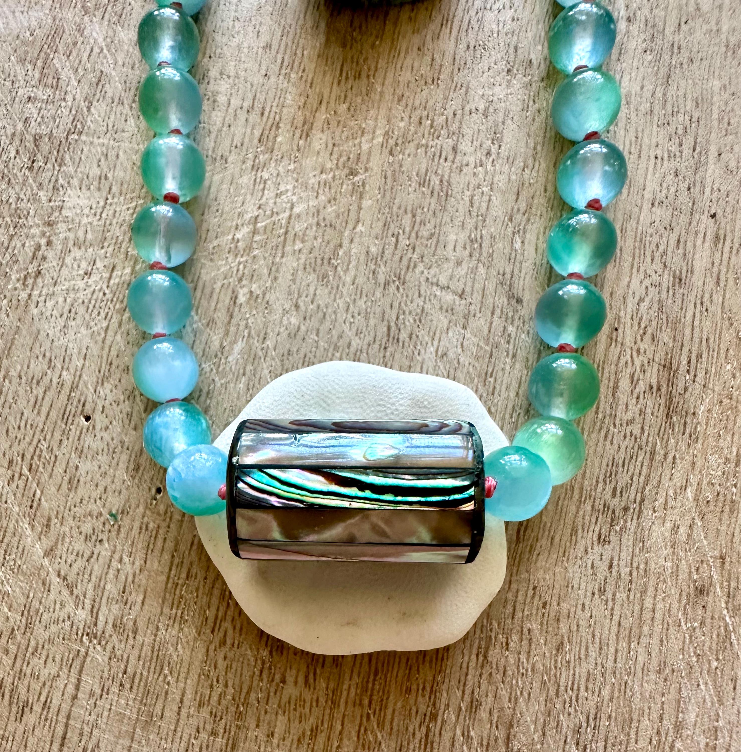 Blue-Green Selenite Knotted Necklace with Abalone Pendant