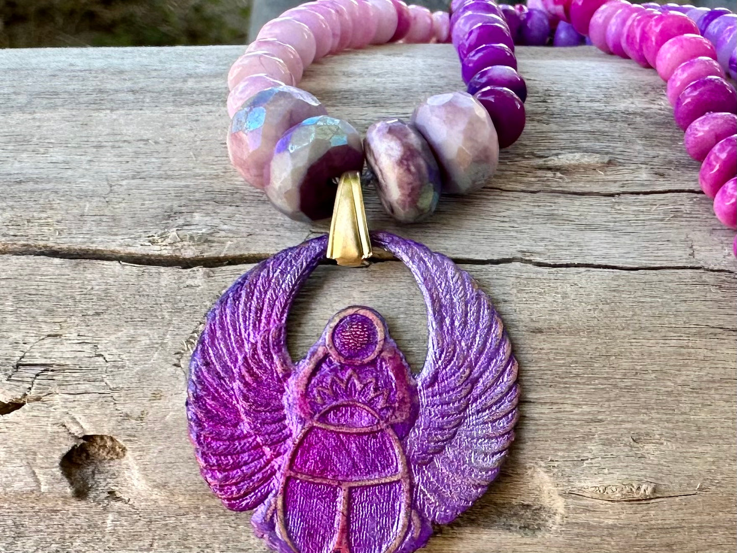 Hand painted Scarab Necklace made with Pink and Purple Opal