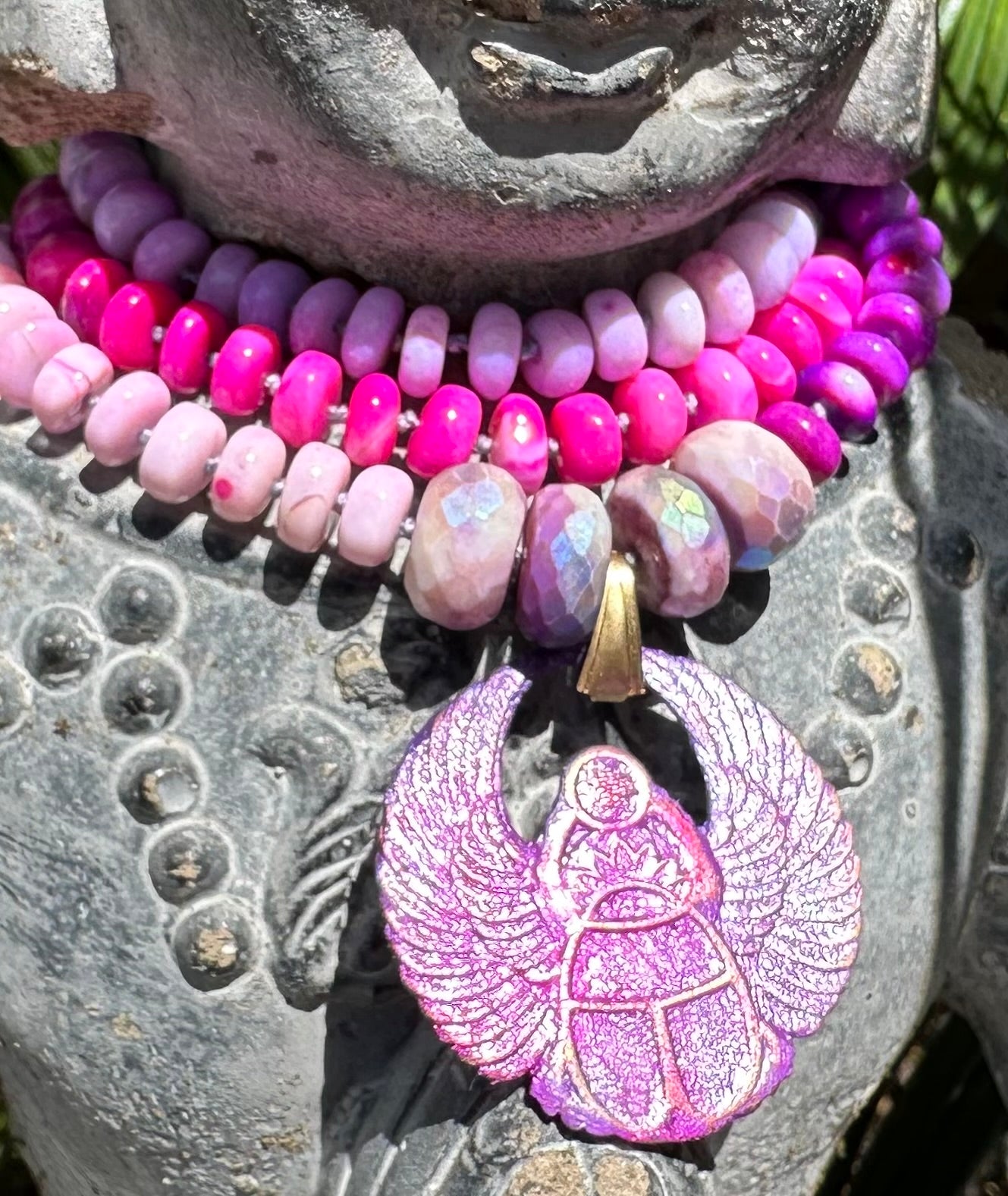 Hand painted Scarab Necklace made with Pink and Purple Opal