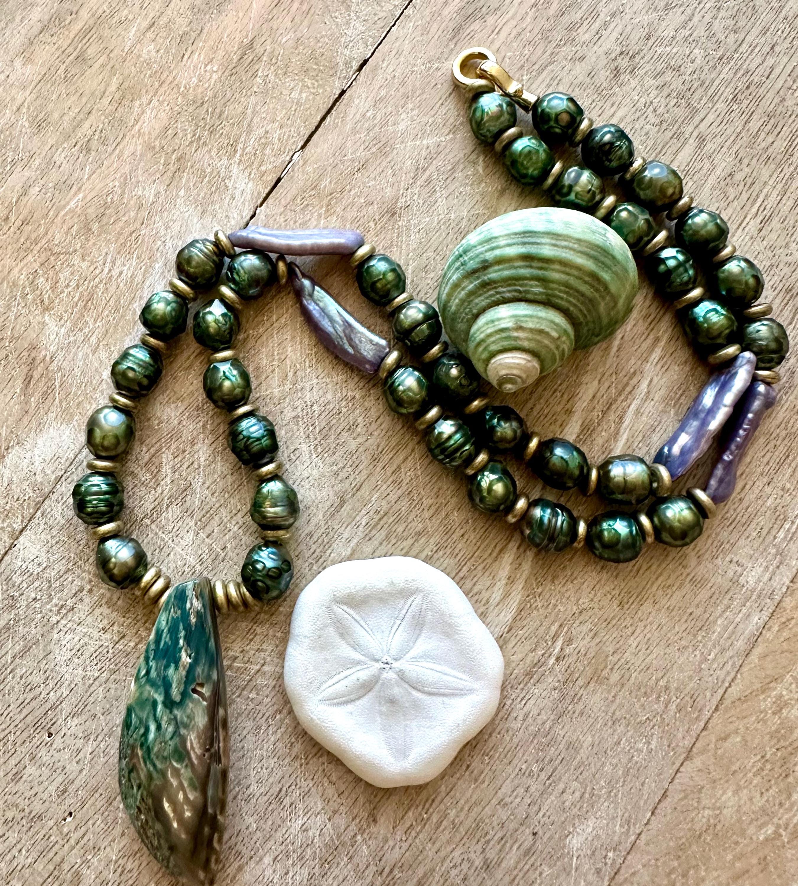 Mystic Green Pearl, African Brass Abalone Shell Pendant Necklace