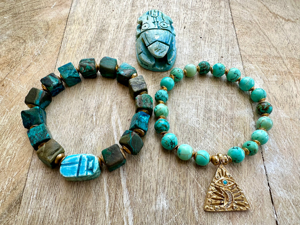 Egyptian Azurite Scarab & Eye of Horus Bracelet Stack