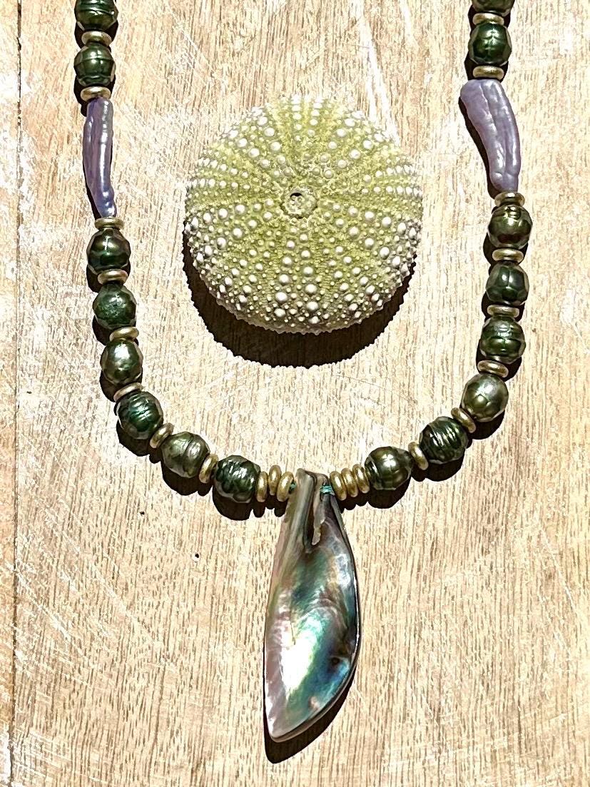 Mystic Green Pearl, African Brass Abalone Shell Pendant Necklace