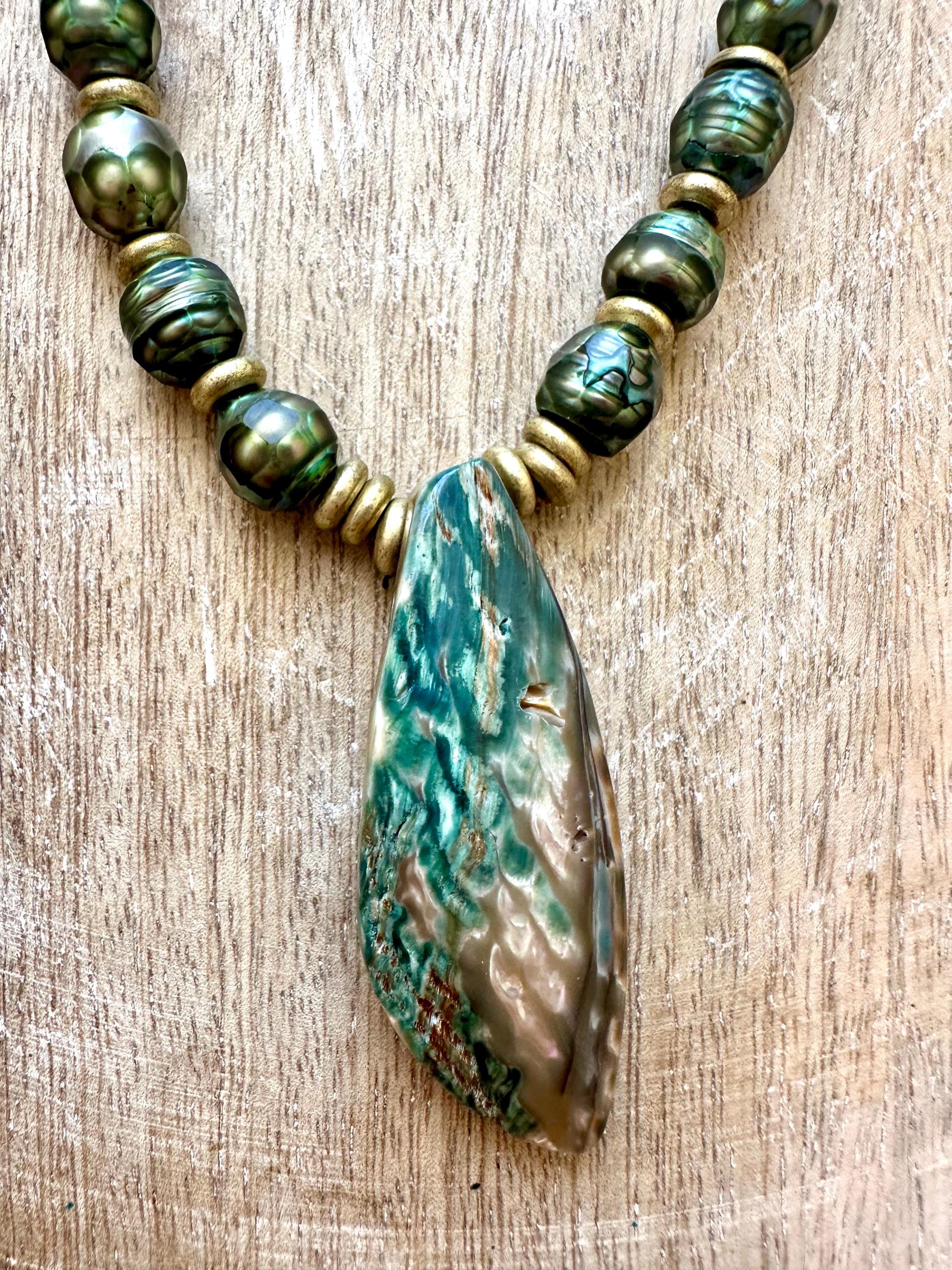 Mystic Green Pearl, African Brass Abalone Shell Pendant Necklace
