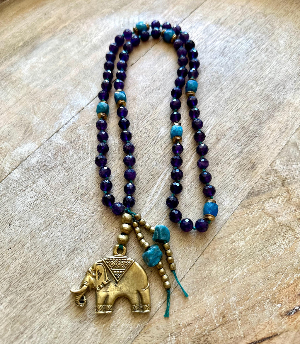 Amethyst & Apatite Elephant Pendant Necklace