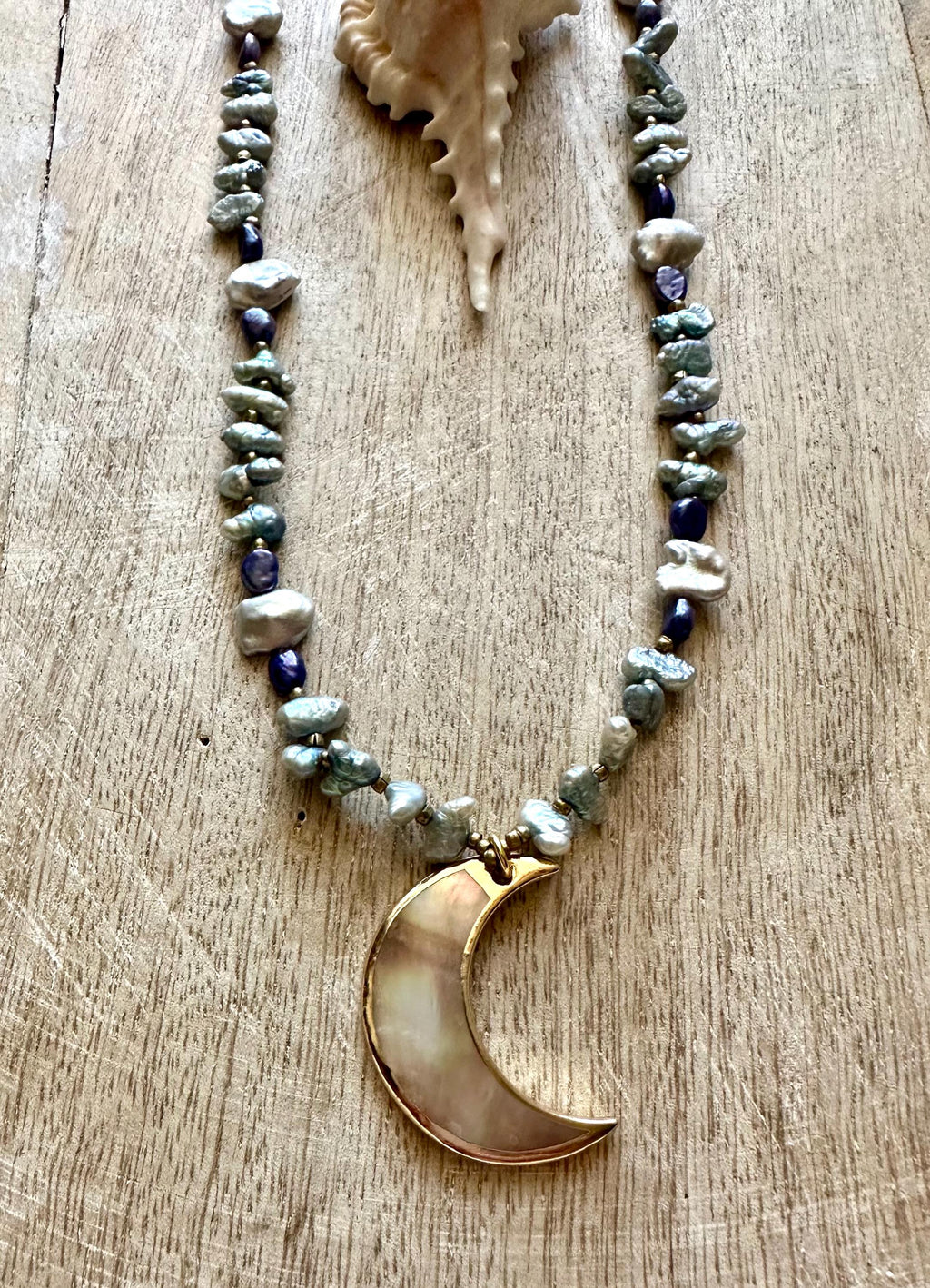 Abalone Moon Pendant Pearl Necklace