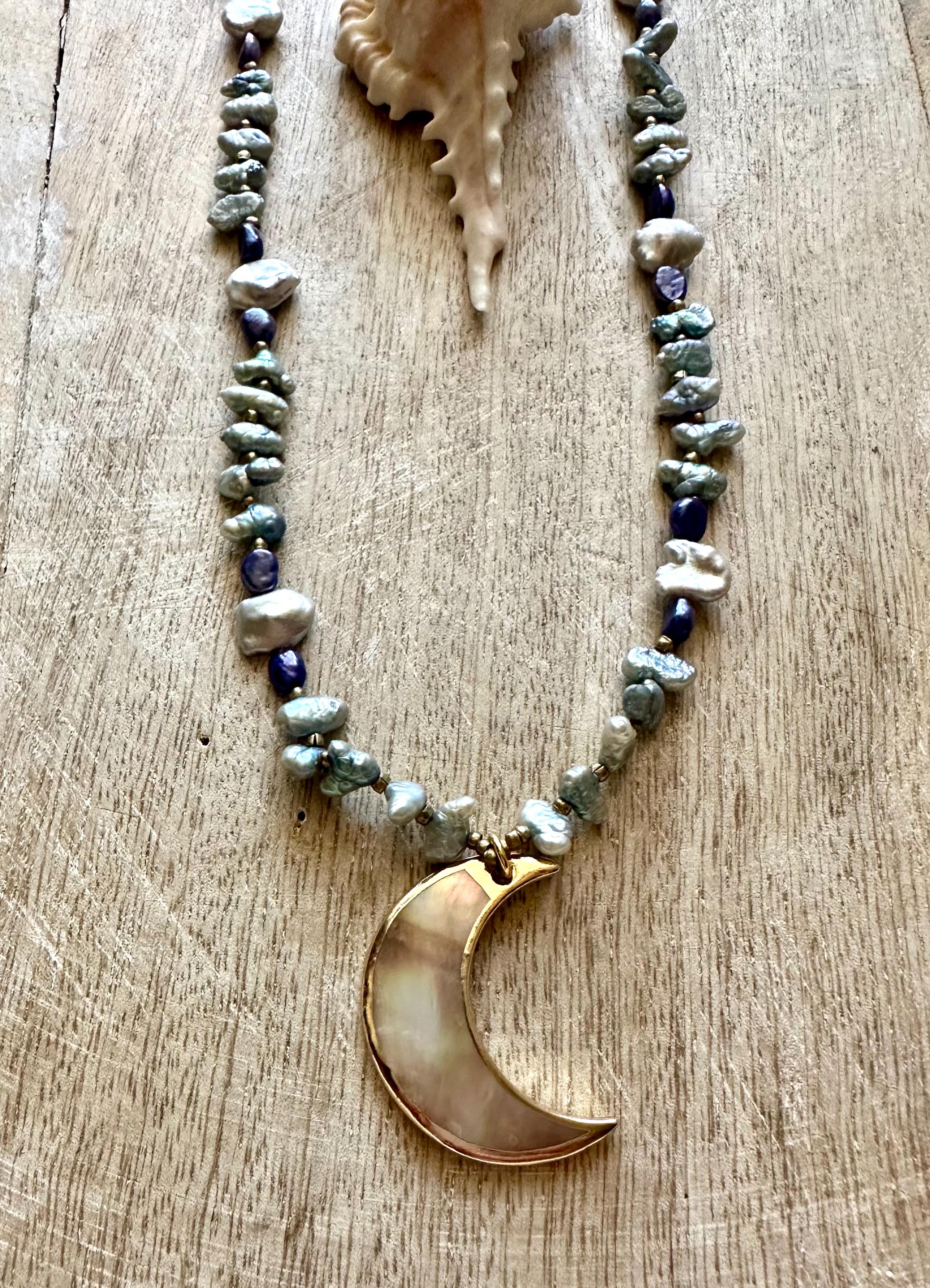 Abalone Moon Pendant Pearl Necklace