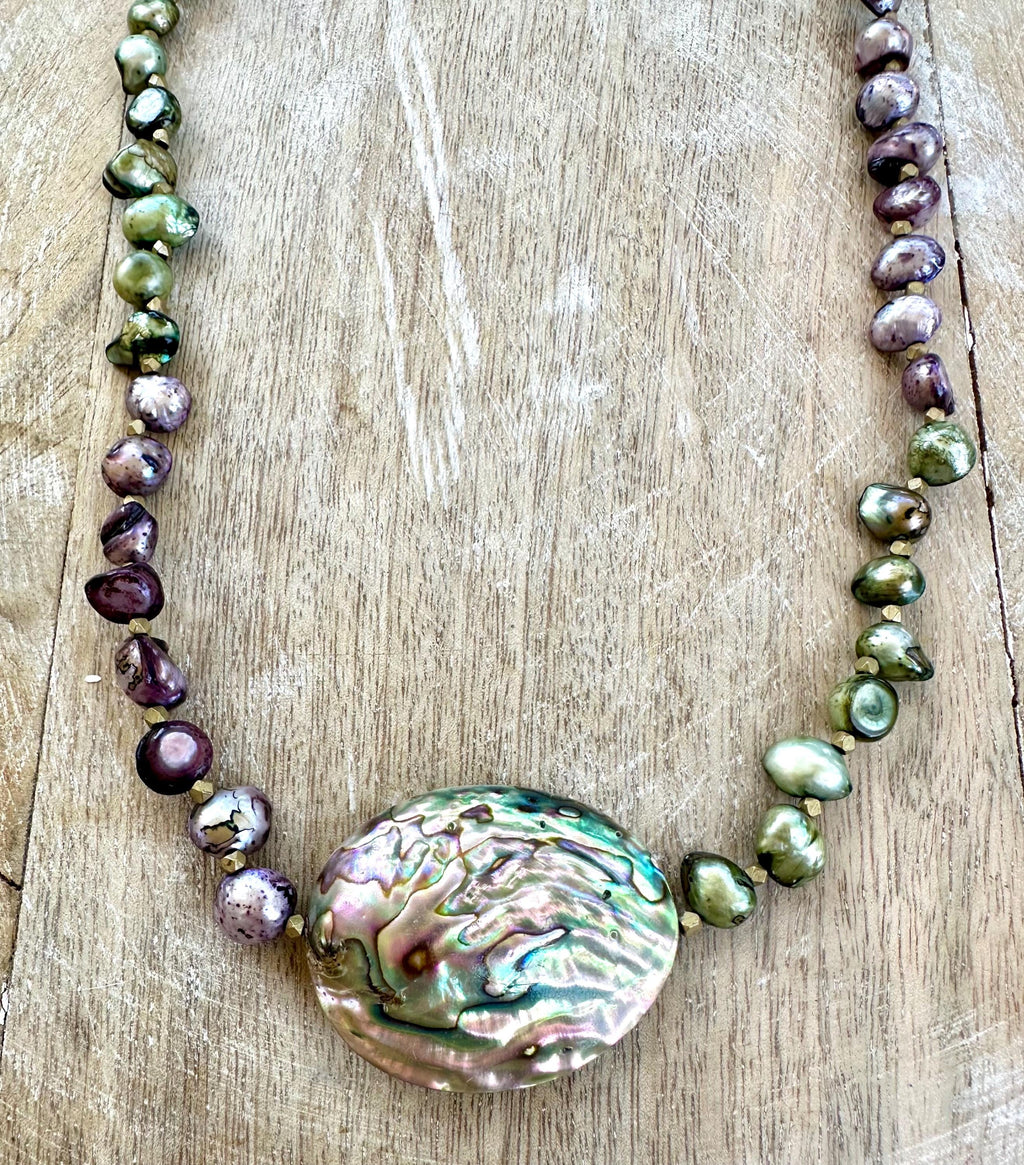 Freshwater Pearl & Abalone Pendant Necklace