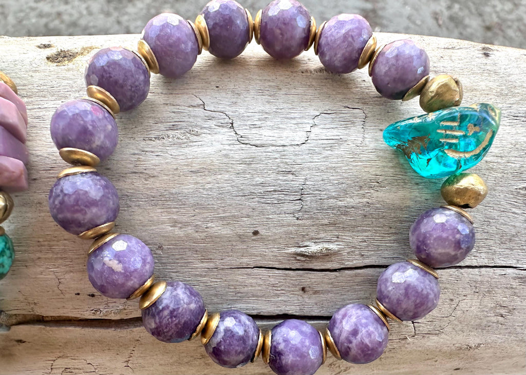 Bird Charm Iolite & Turquoise Bracelet Stack