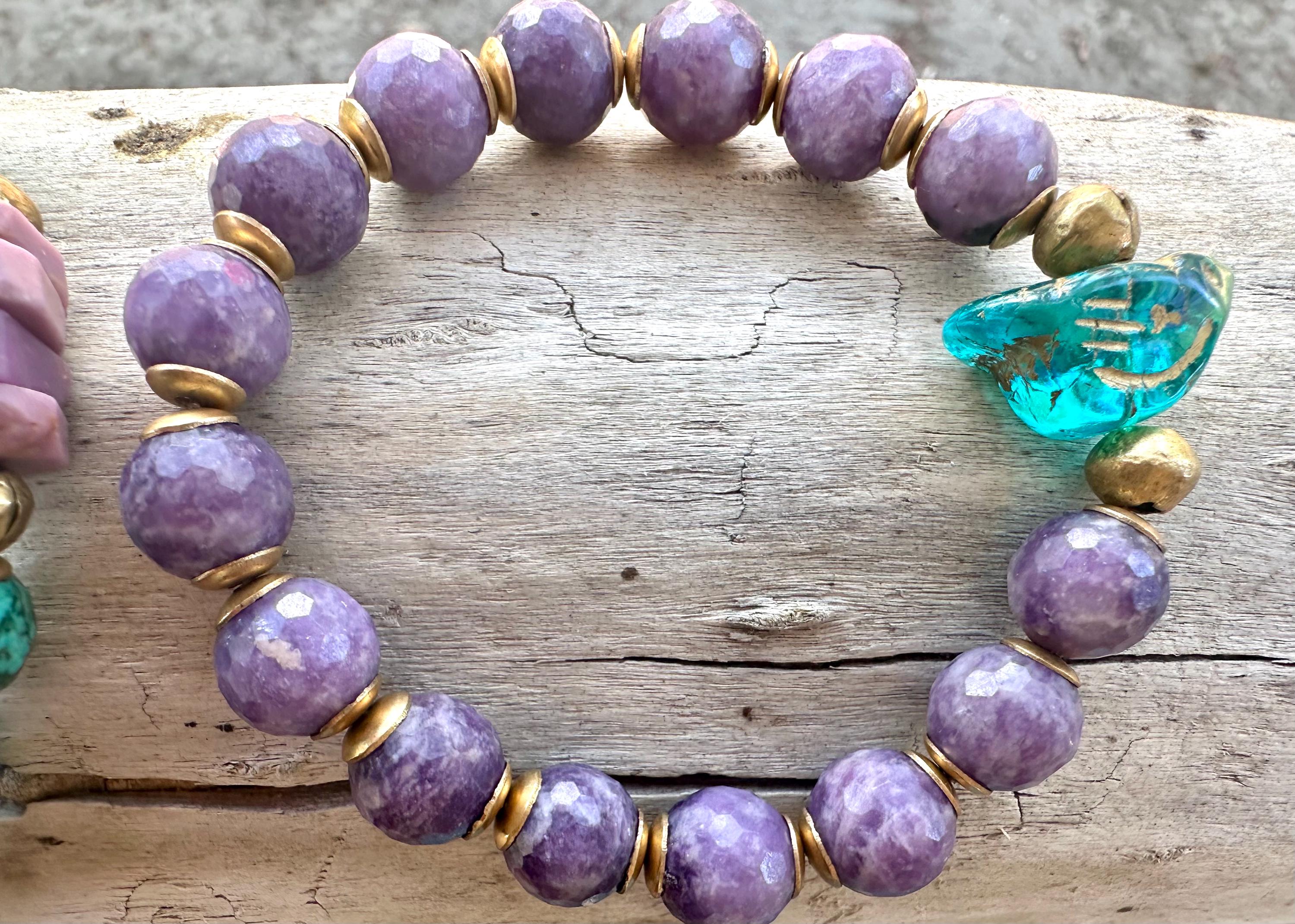 Bird Charm Iolite & Turquoise Bracelet Stack