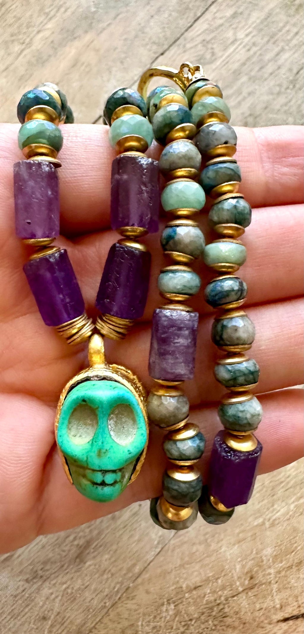 Gold Plated Skull Necklace With Amethyst And Mystic Indian Agate