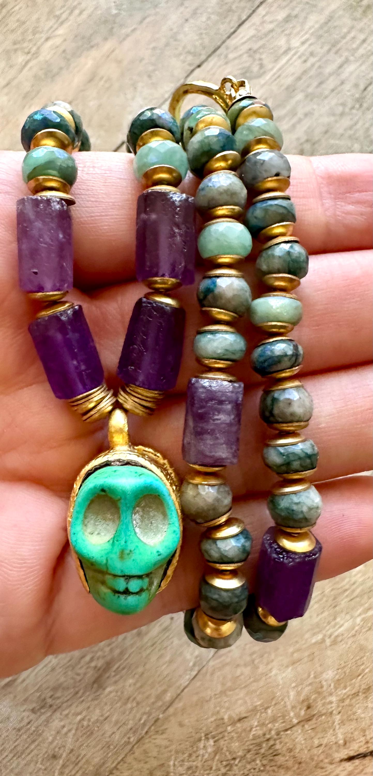 Gold Plated Skull Necklace With Amethyst And Mystic Indian Agate
