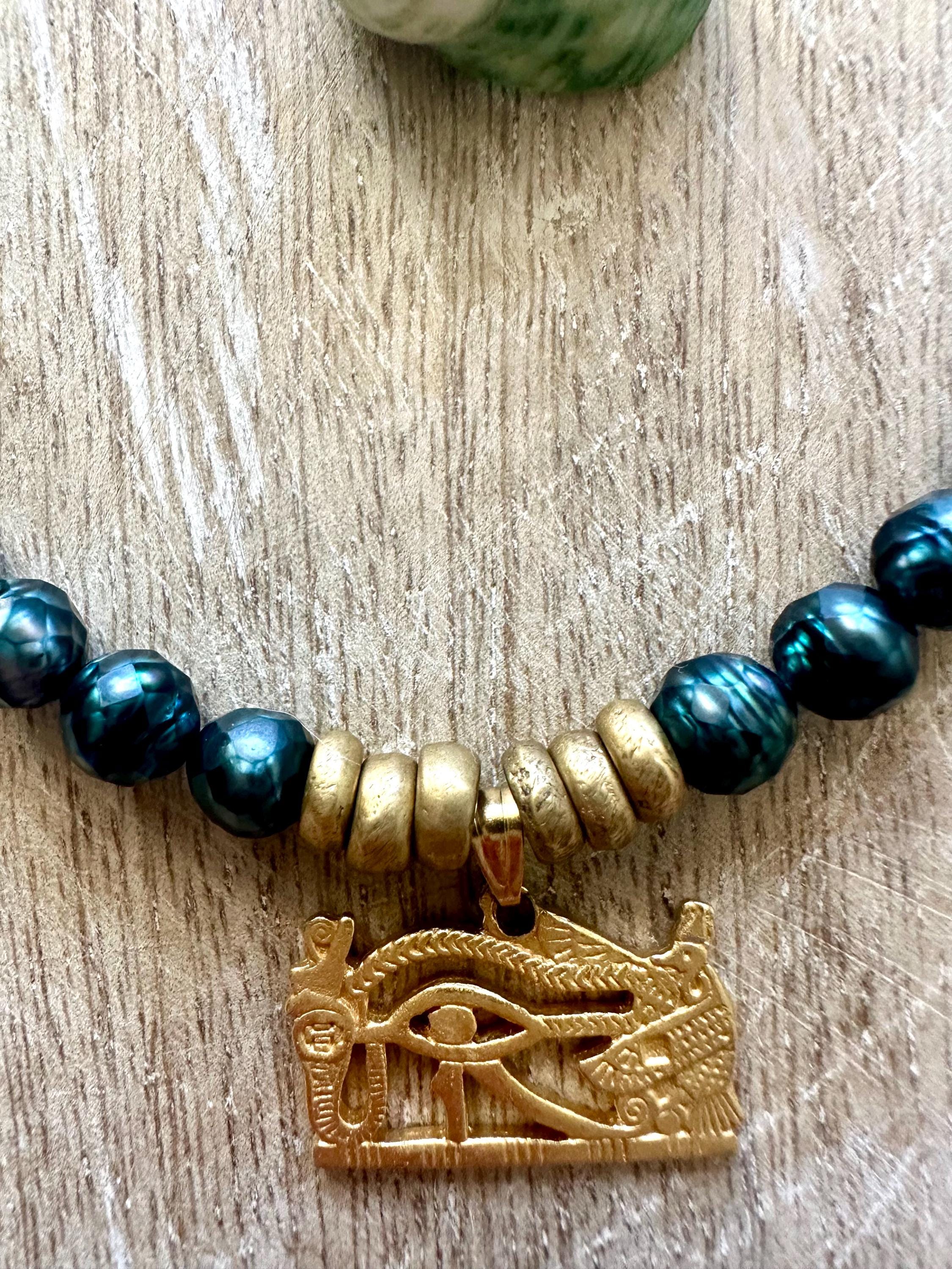 Mystic Blue-Green Pearl Egyptian Eye Of Horus Necklace