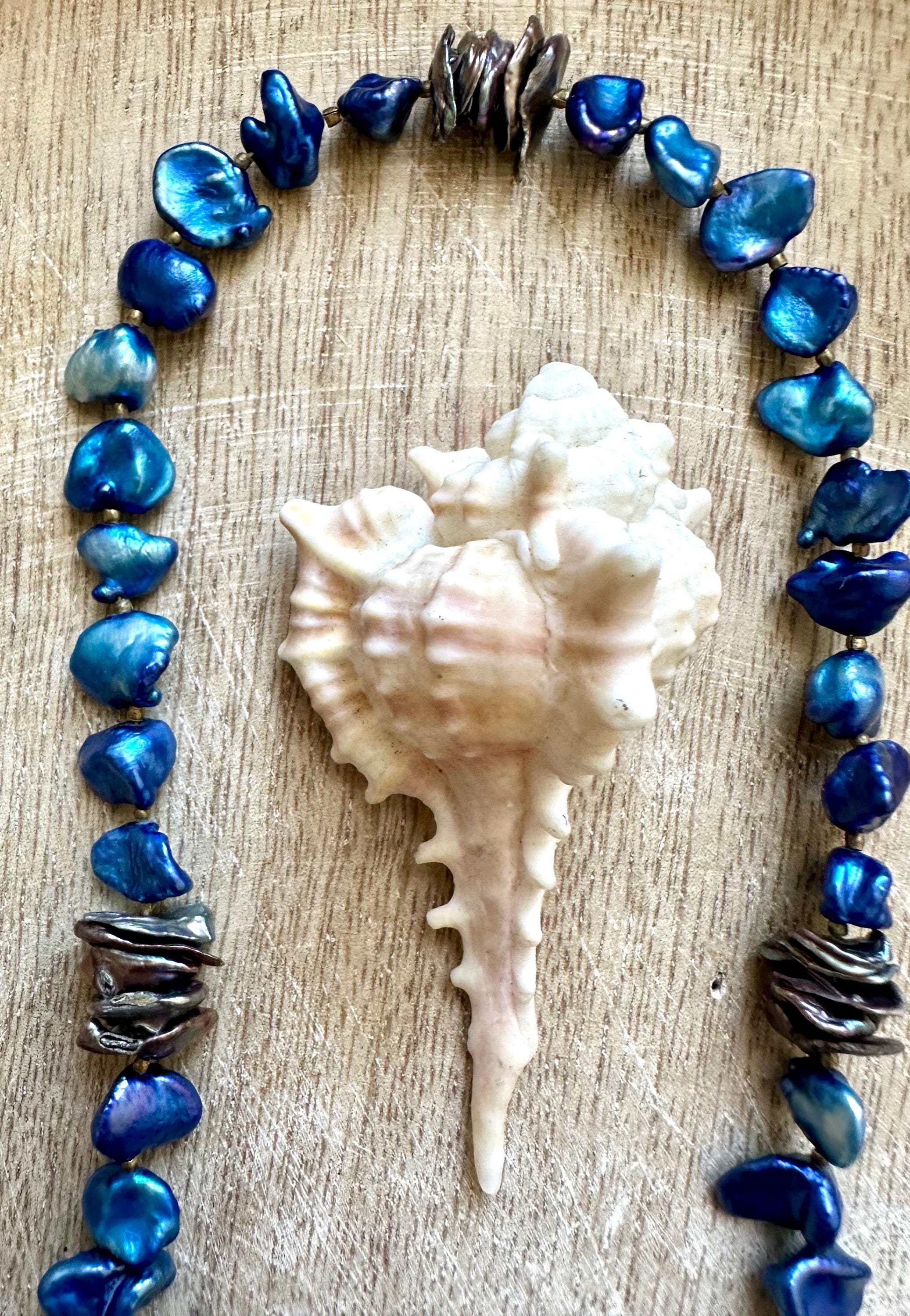 Blue & Grey Pearl Moon Pendant Necklace