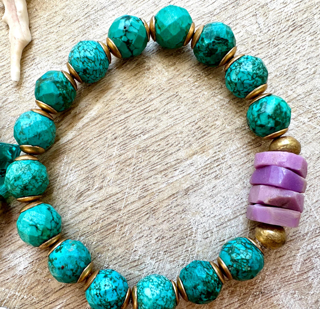 Bird Charm Iolite & Turquoise Bracelet Stack