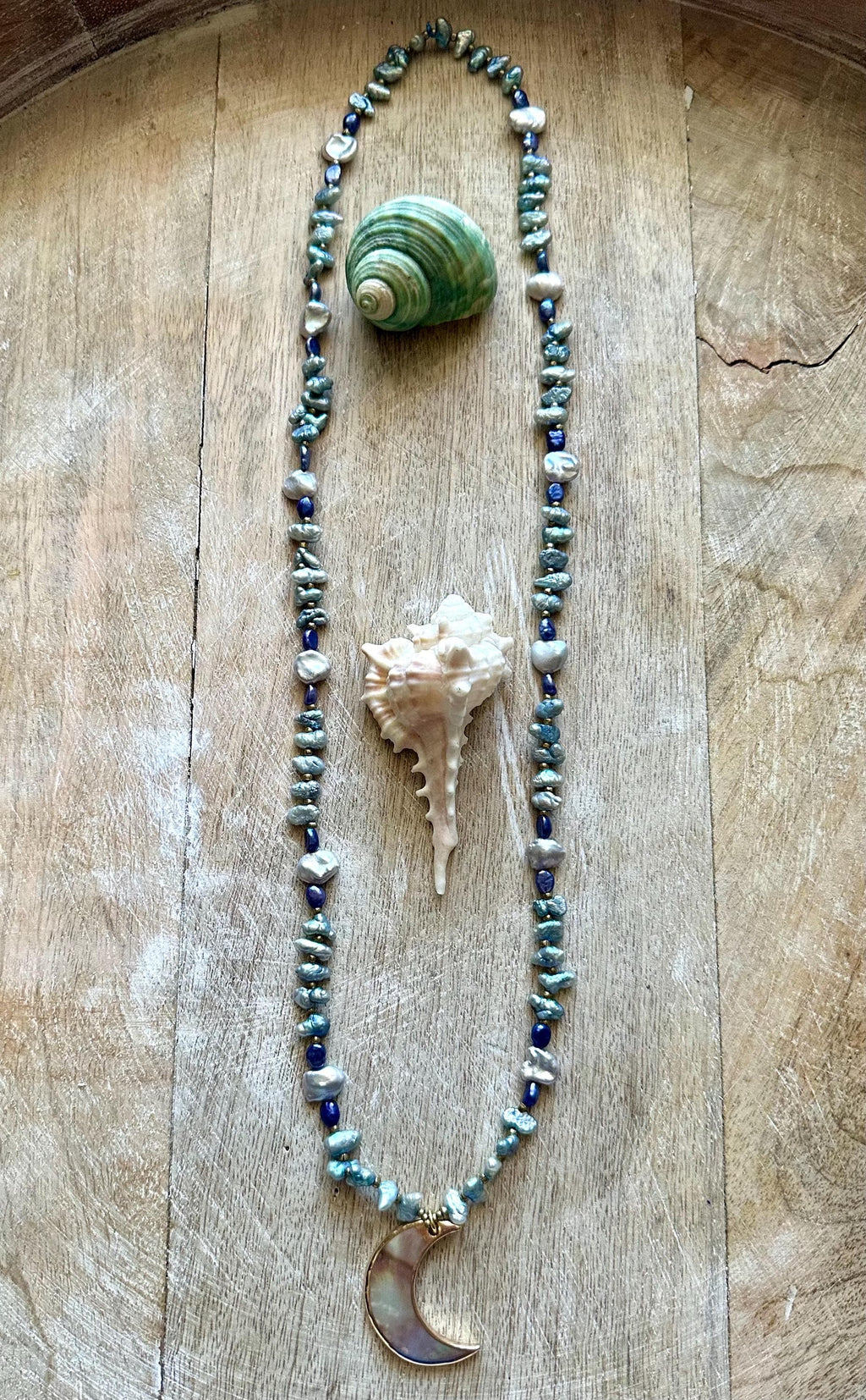 Abalone Moon Pendant Pearl Necklace