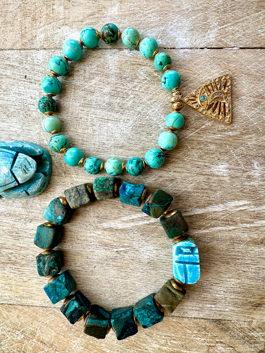 Egyptian Azurite Scarab & Eye of Horus Bracelet Stack