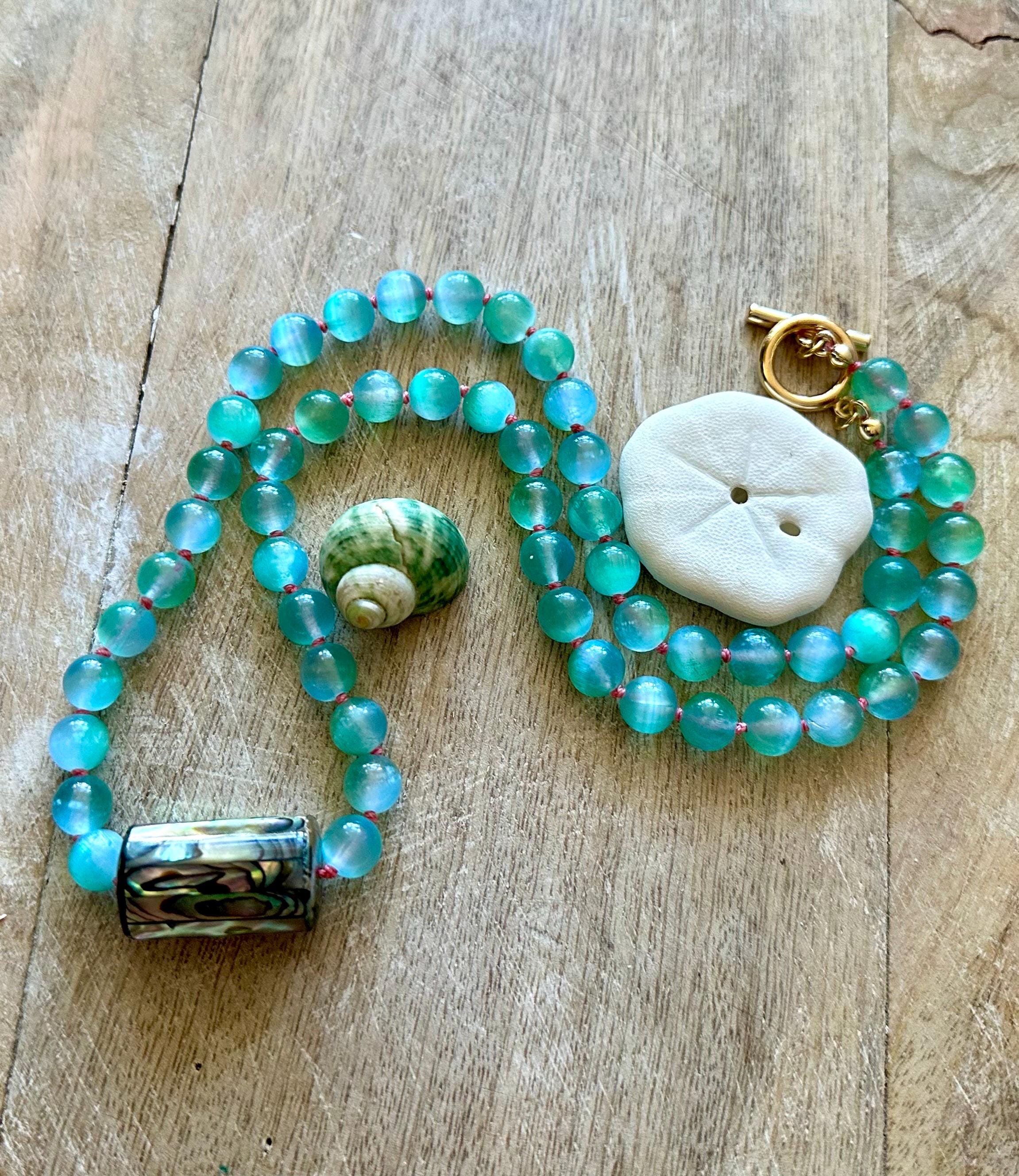 Blue-Green Selenite Knotted Necklace with Abalone Pendant
