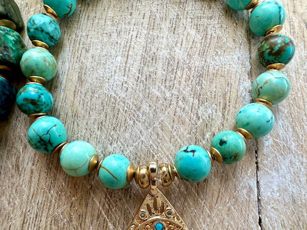 Egyptian Azurite Scarab & Eye of Horus Bracelet Stack