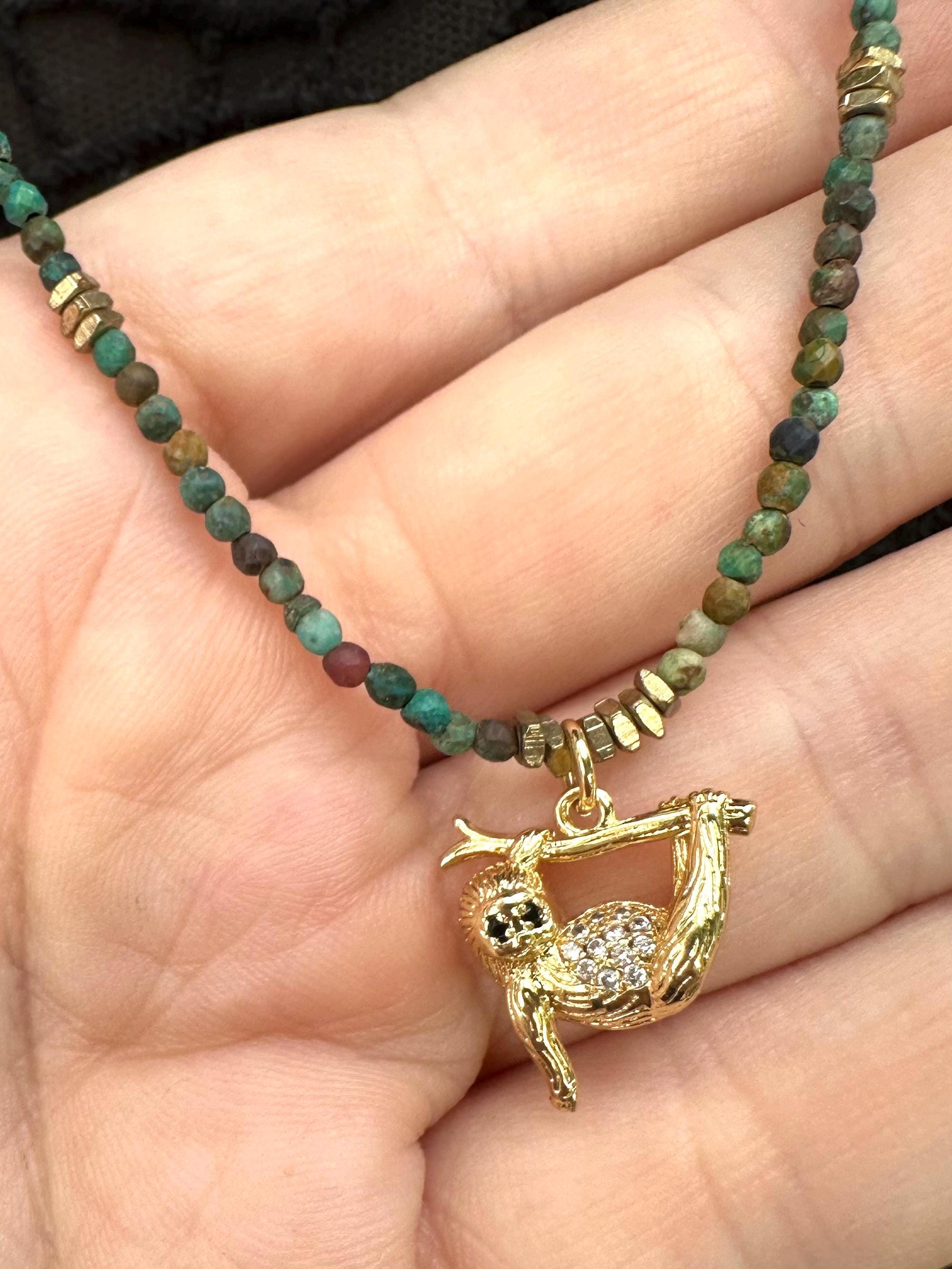 Chrysocolla Gemstone Sloth Pendant Necklace