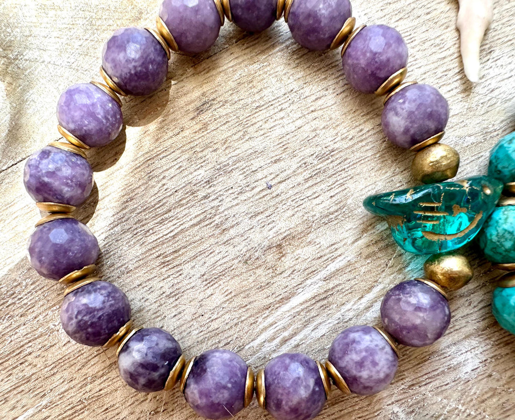 Bird Charm Iolite & Turquoise Bracelet Stack