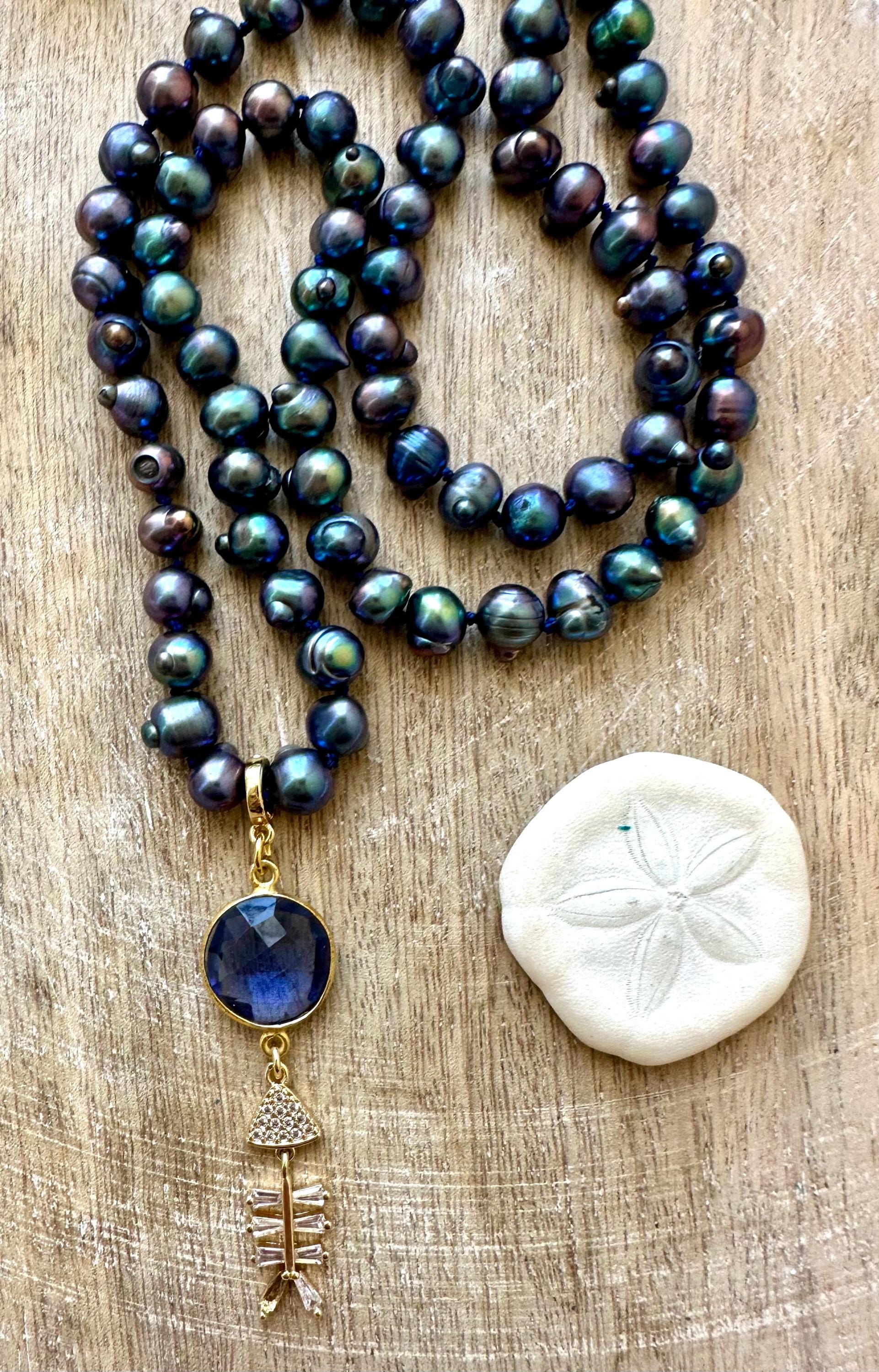Pearl Fish Pendant Necklace With Iolite
