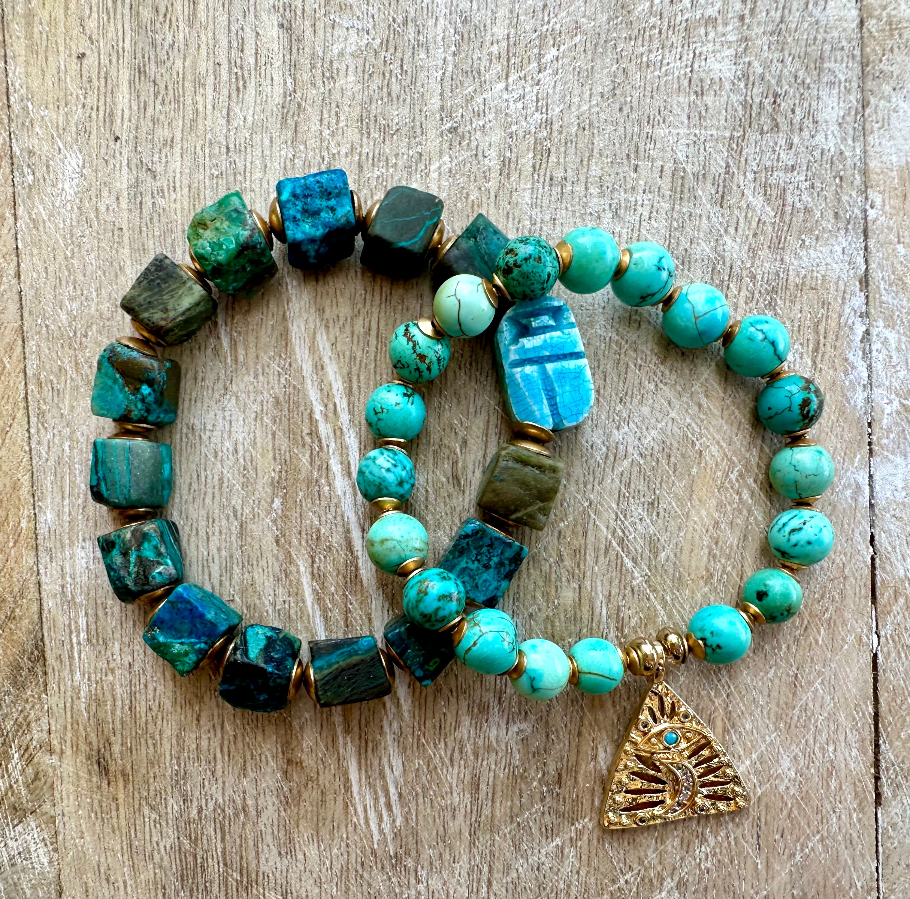 Egyptian Azurite Scarab & Eye of Horus Bracelet Stack