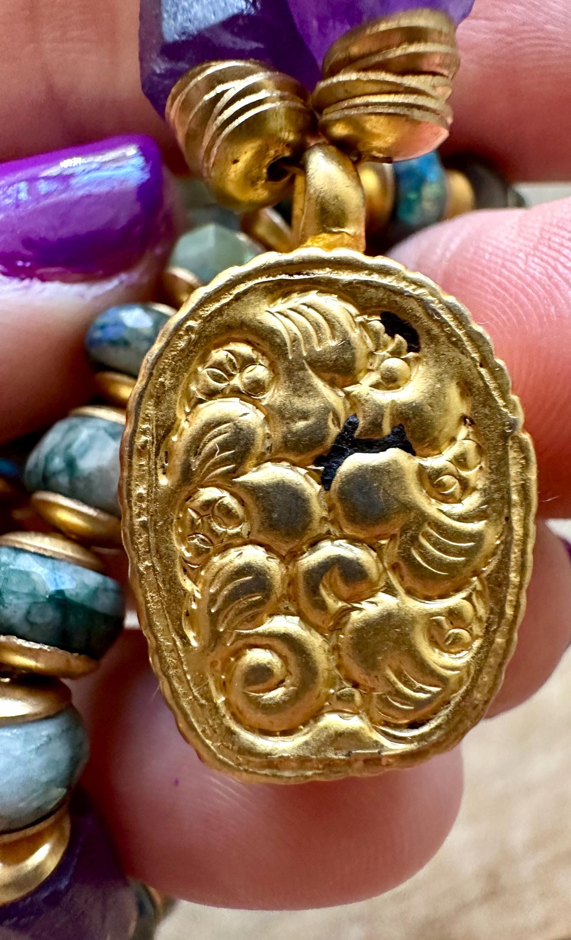 Gold Plated Skull Necklace With Amethyst And Mystic Indian Agate