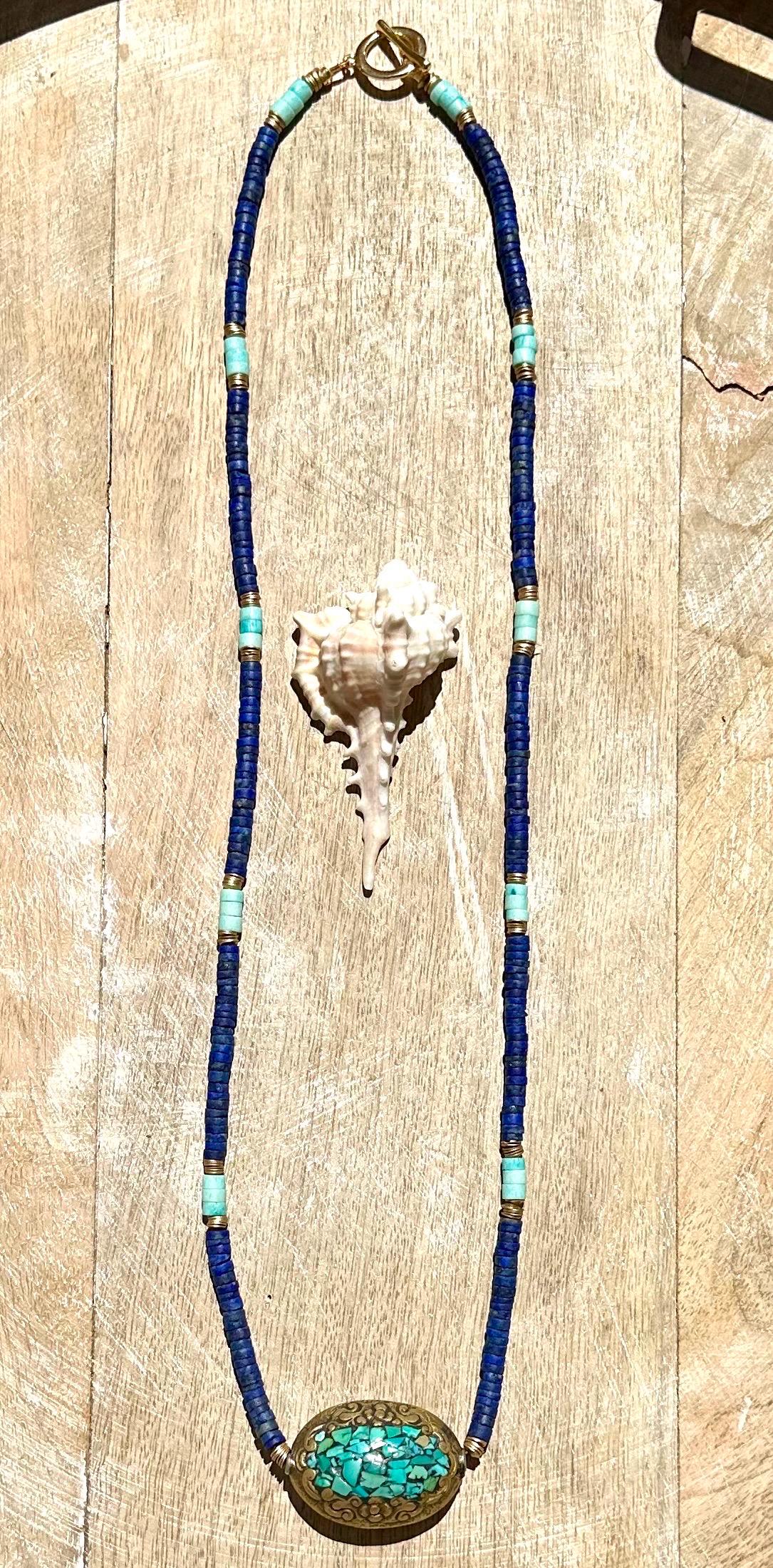 Tibetan Turquoise Pendant Lapis and Bone Necklace