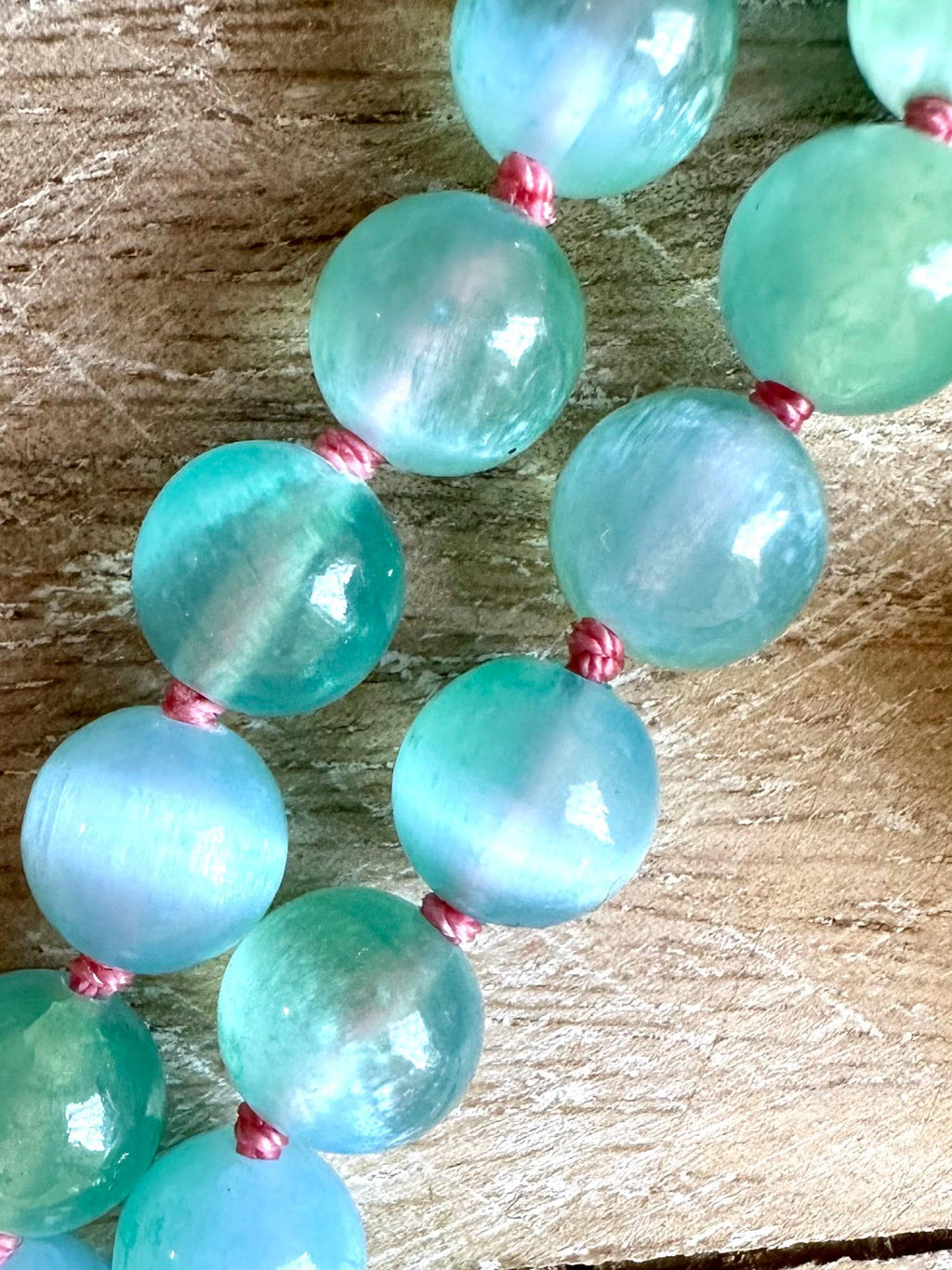 Blue-Green Selenite Knotted Necklace with Abalone Pendant