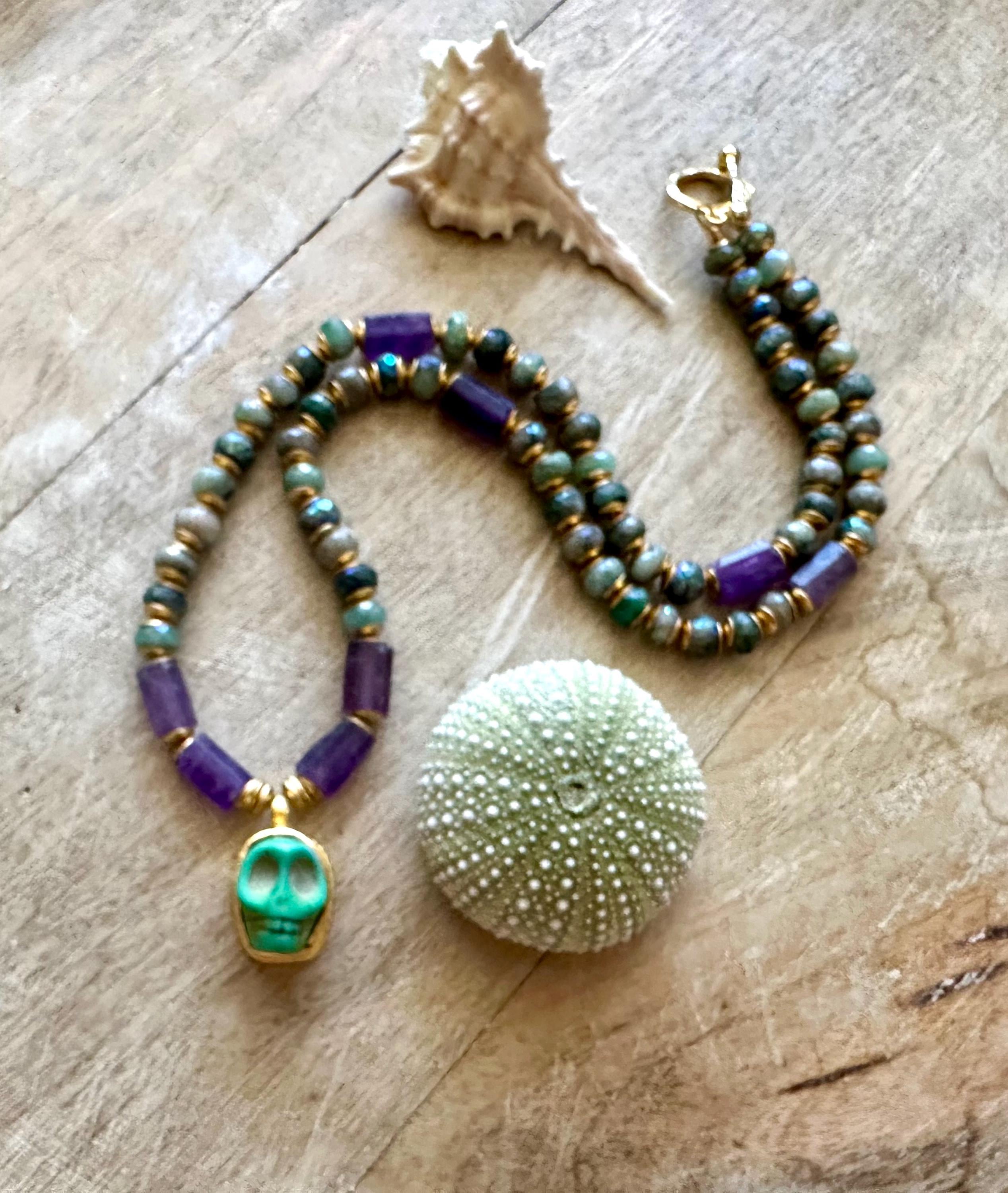 Gold Plated Skull Necklace With Amethyst And Mystic Indian Agate