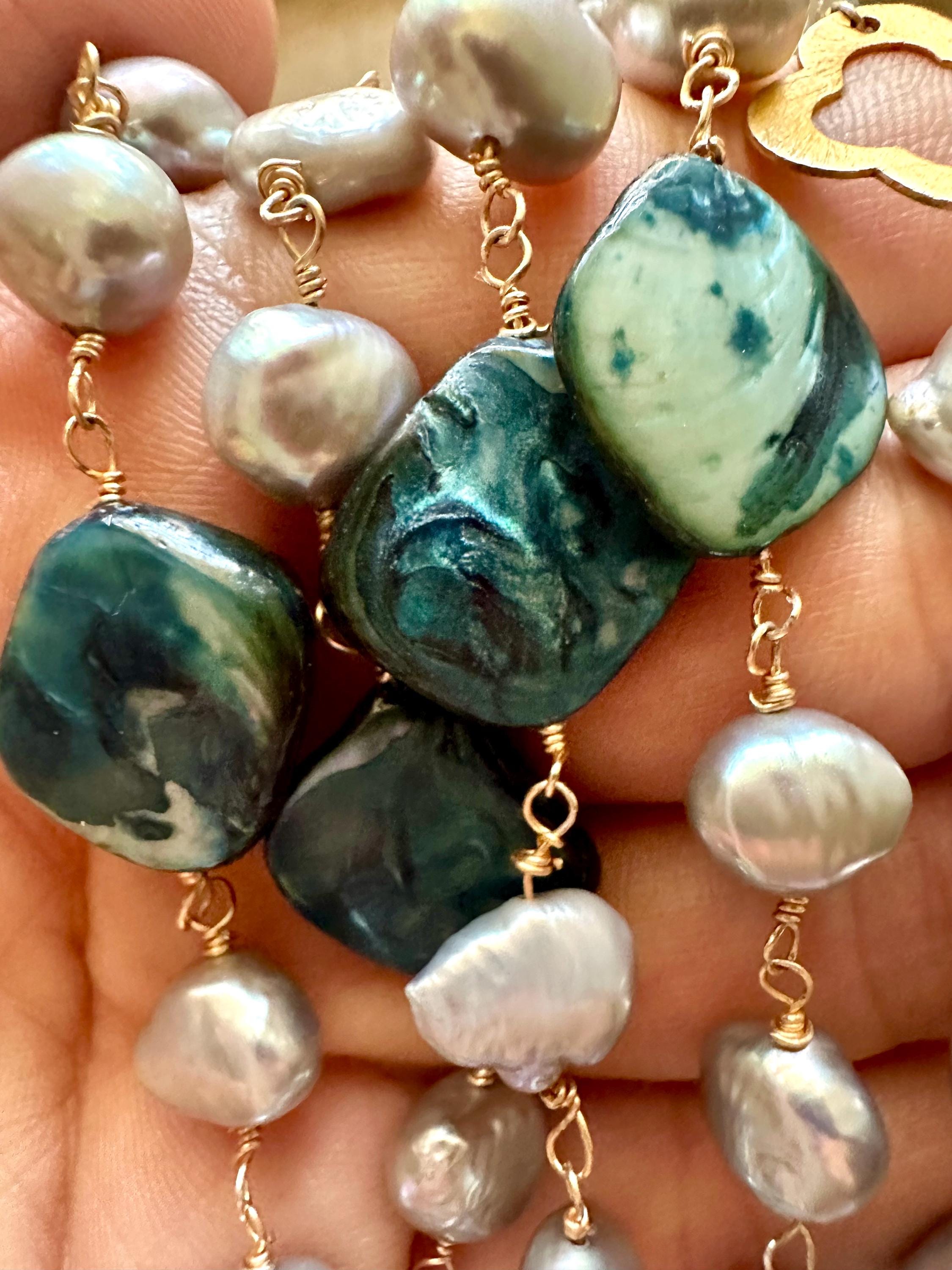 Long Pearl Necklace with blue shell beads and 18k accents