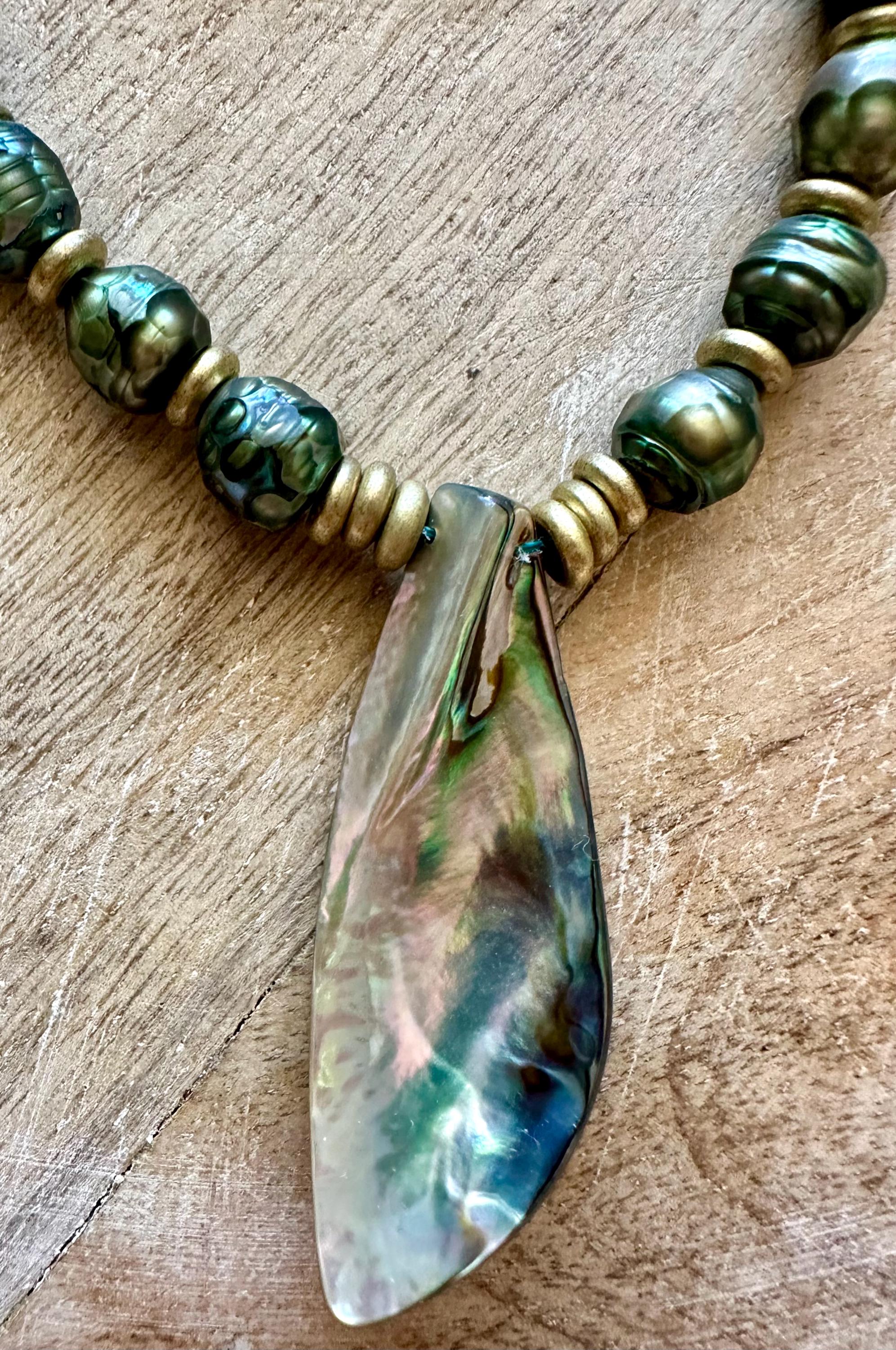 Mystic Green Pearl, African Brass Abalone Shell Pendant Necklace