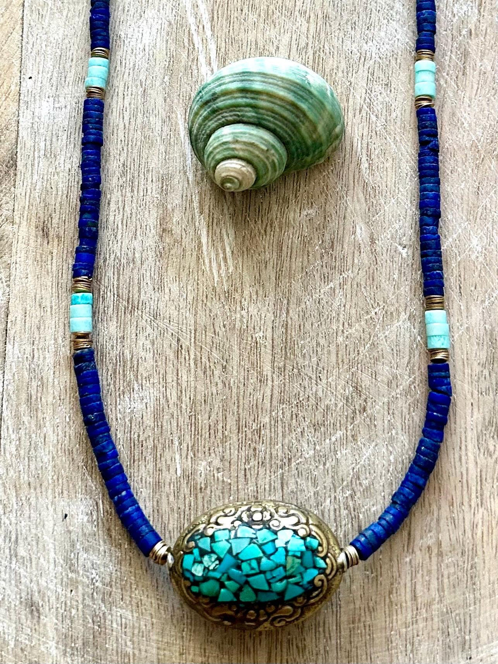 Tibetan Turquoise Pendant Lapis and Bone Necklace