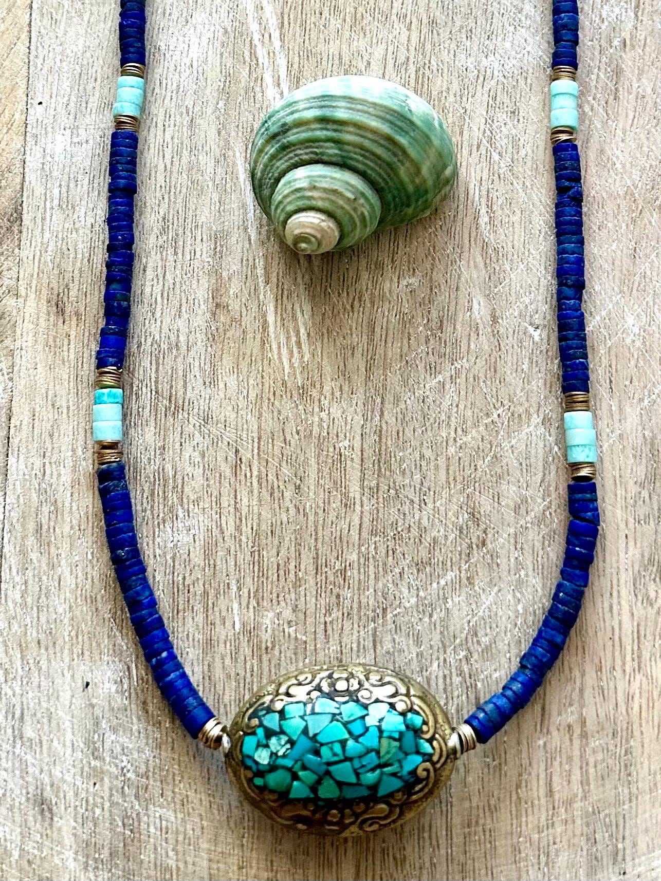 Tibetan Turquoise Pendant Lapis and Bone Necklace