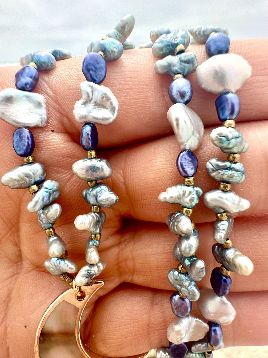 Abalone Moon Pendant Pearl Necklace