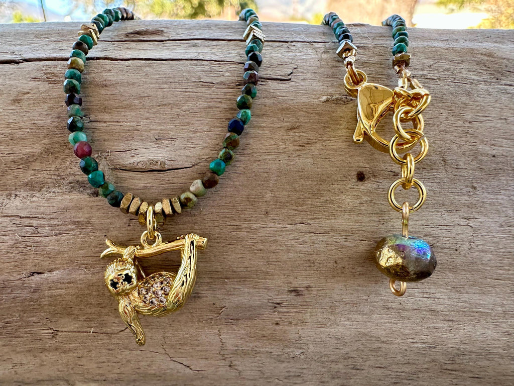 Chrysocolla Gemstone Sloth Pendant Necklace