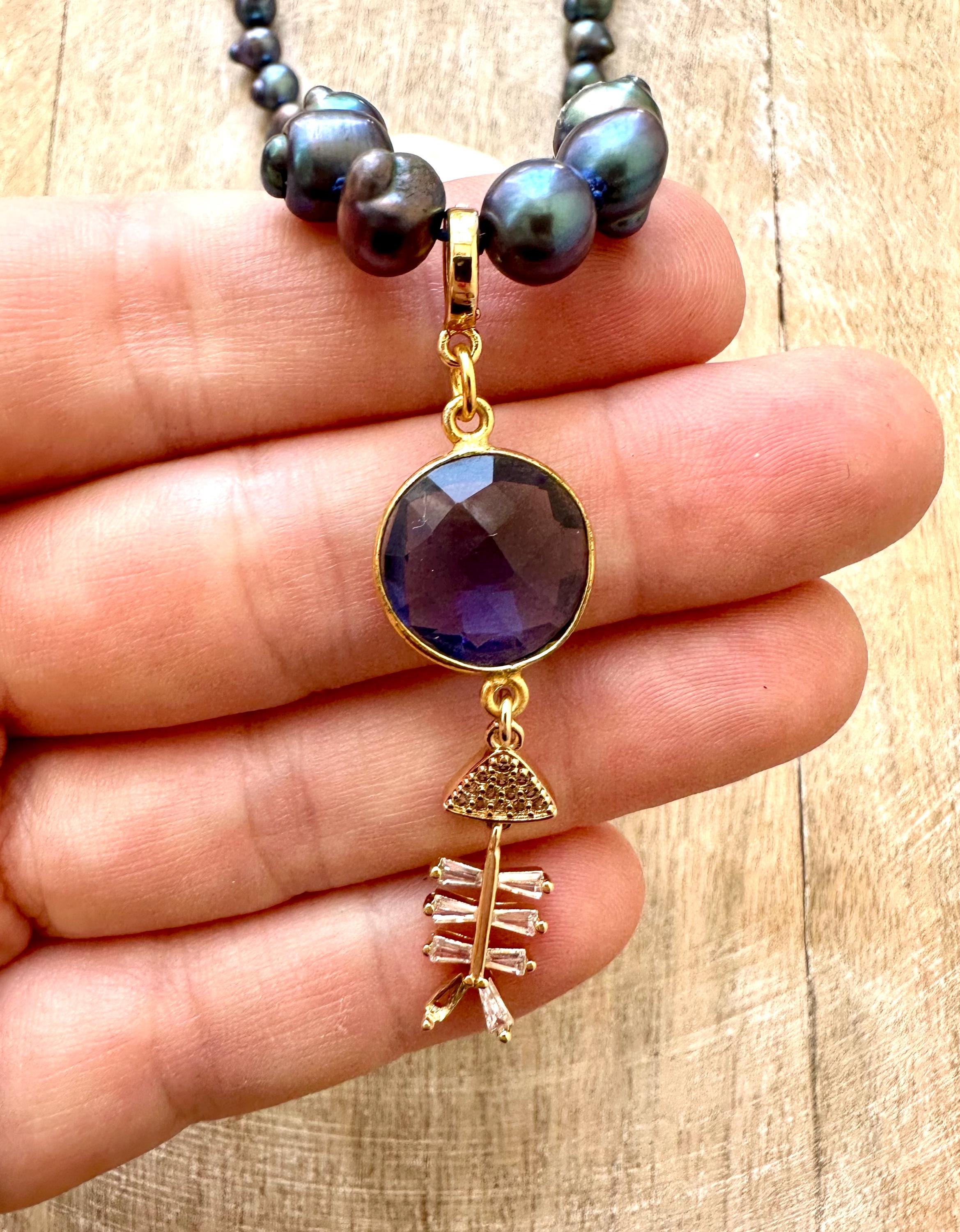 Pearl Fish Pendant Necklace With Iolite