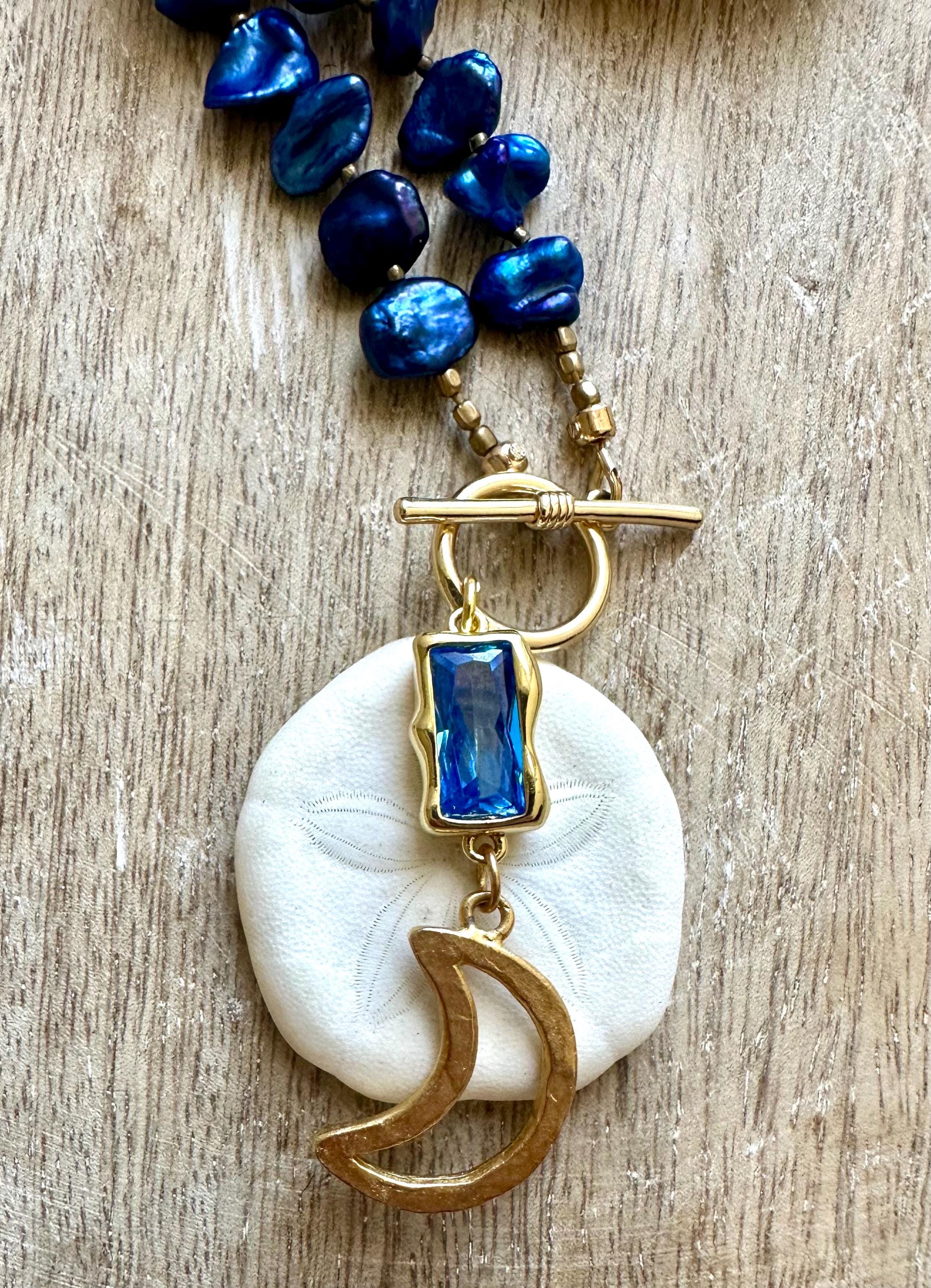 Blue & Grey Pearl Moon Pendant Necklace