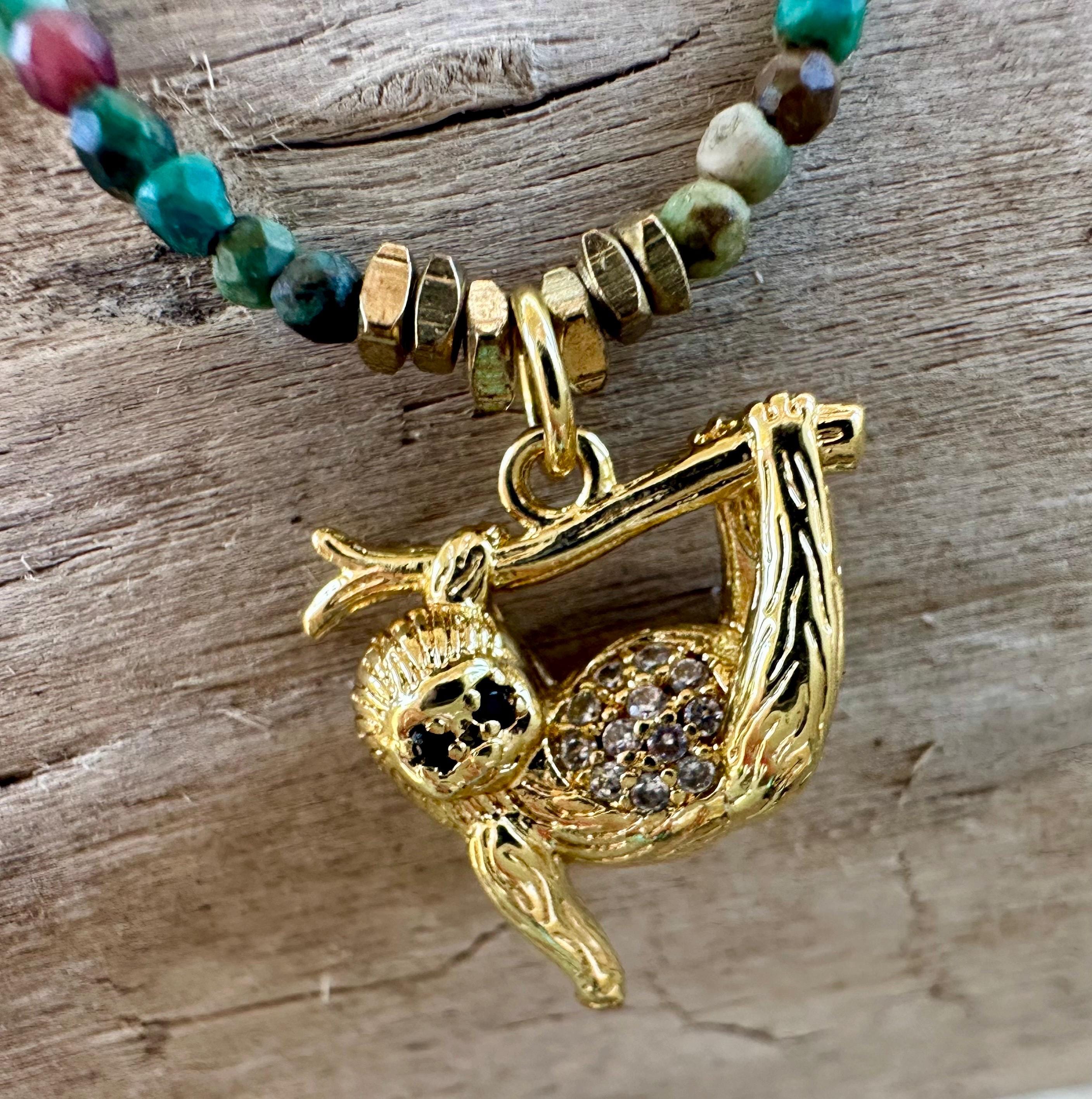 Chrysocolla Gemstone Sloth Pendant Necklace
