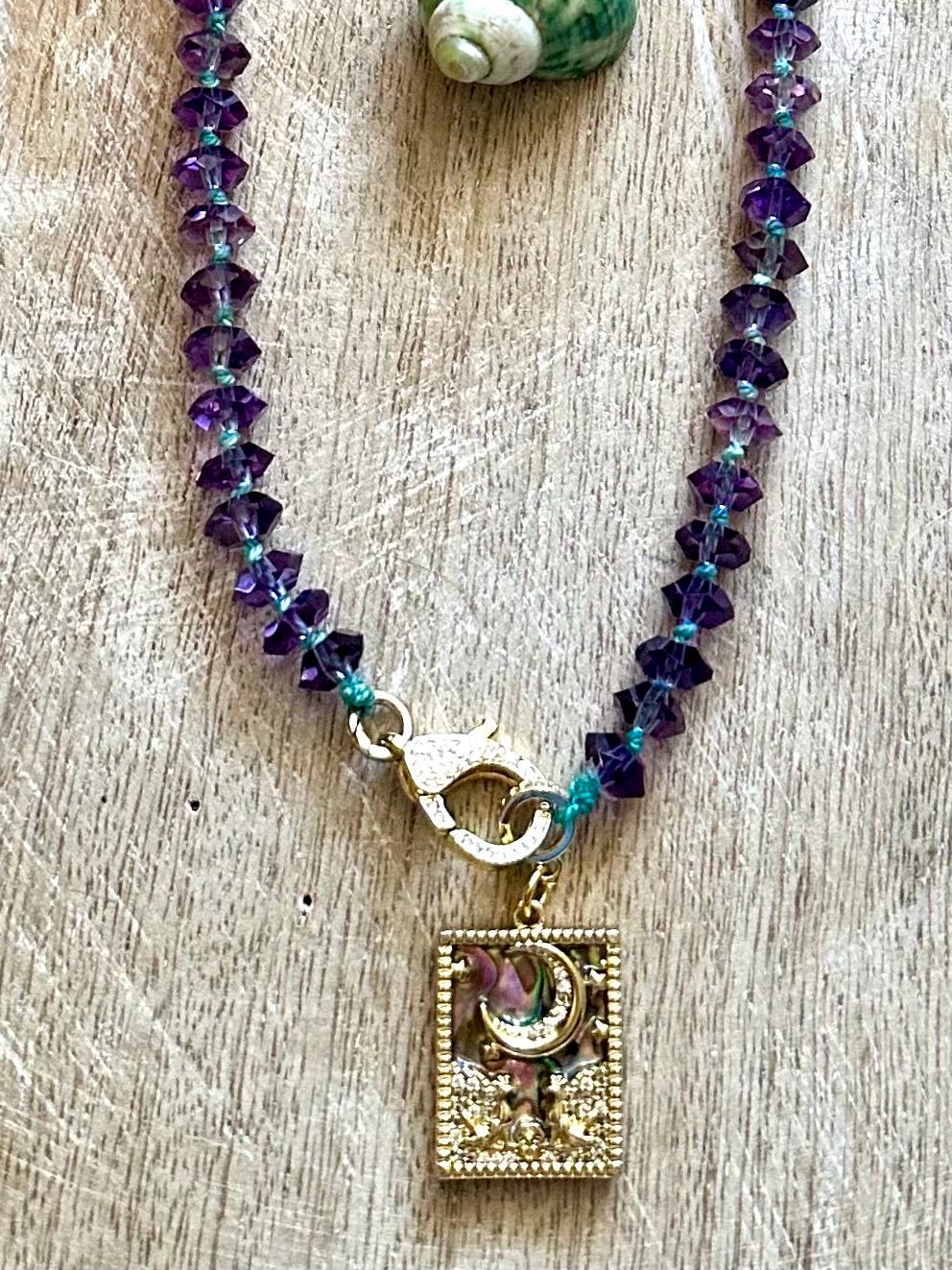 Handmade Sparkling Amethyst Moon & Stars Pendant Necklace