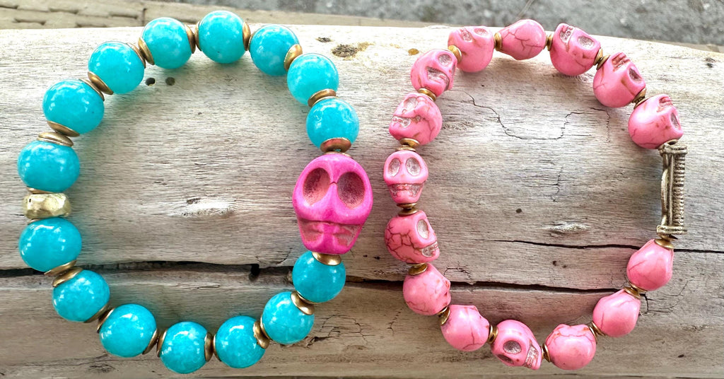 Halloween Pink Sugar Skulls Beaded Bracelet