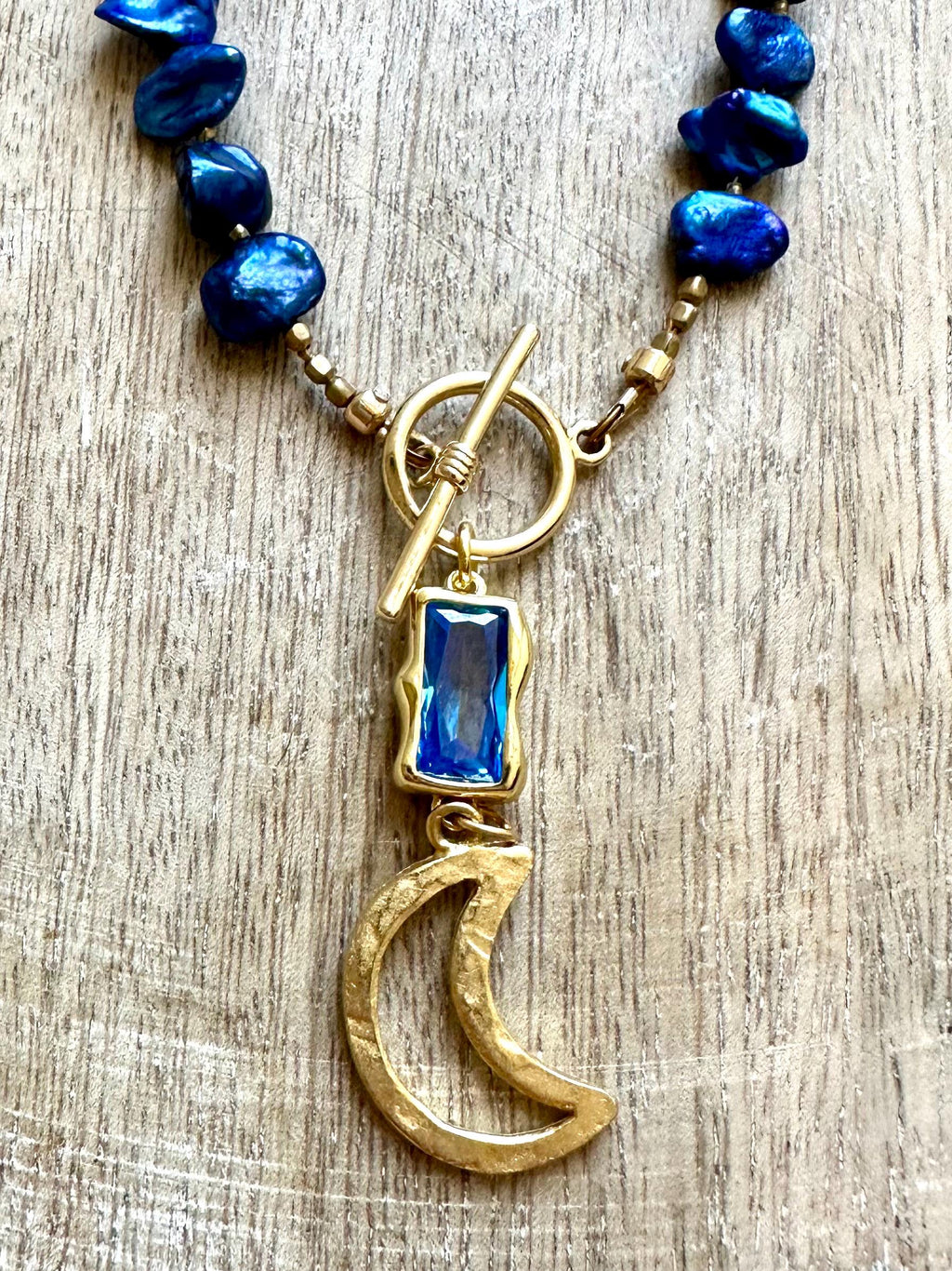 Blue & Grey Pearl Moon Pendant Necklace