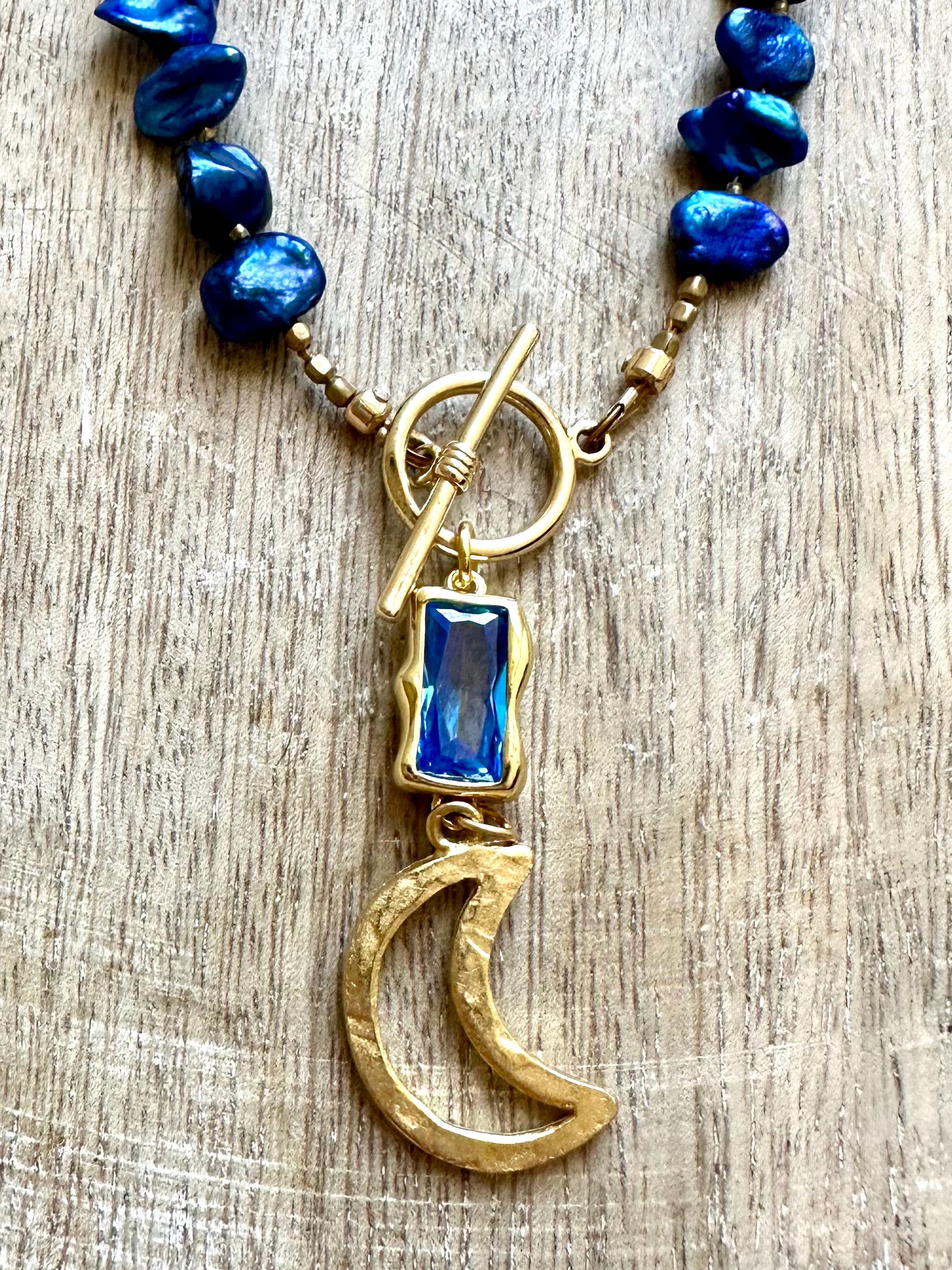 Blue & Grey Pearl Moon Pendant Necklace