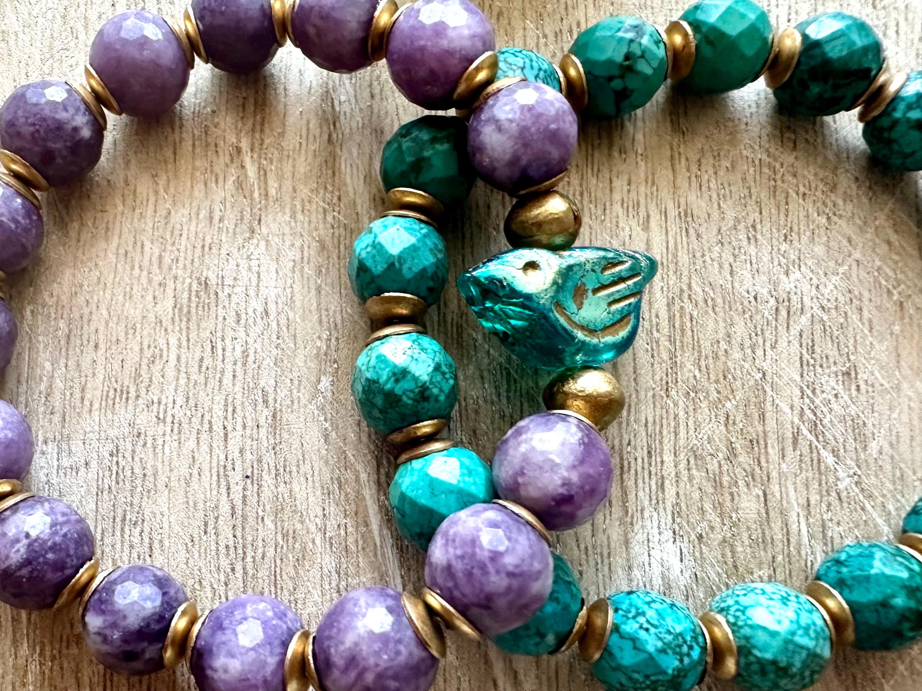 Bird Charm Iolite & Turquoise Bracelet Stack