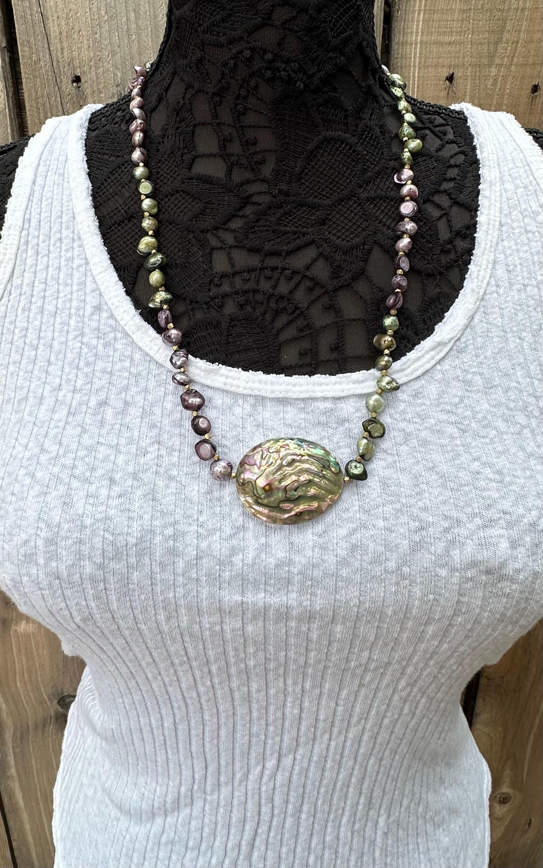 Freshwater Pearl & Abalone Pendant Necklace