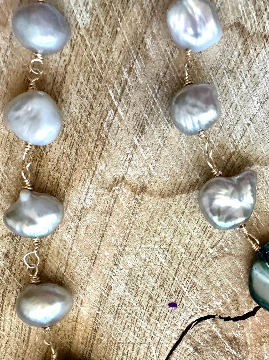 Long Pearl Necklace with blue shell beads and 18k accents