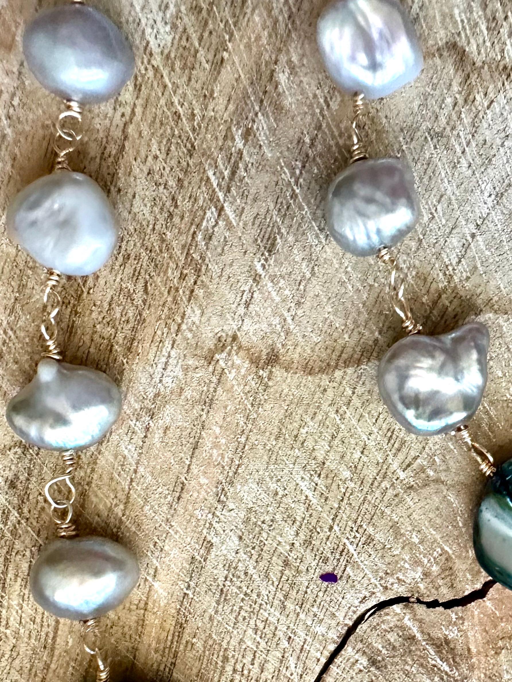 Long Pearl Necklace with blue shell beads and 18k accents