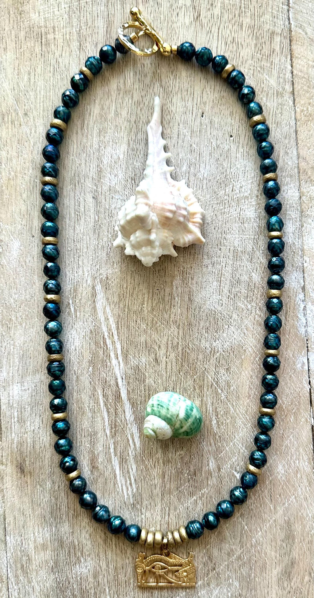 Mystic Blue-Green Pearl Egyptian Eye Of Horus Necklace