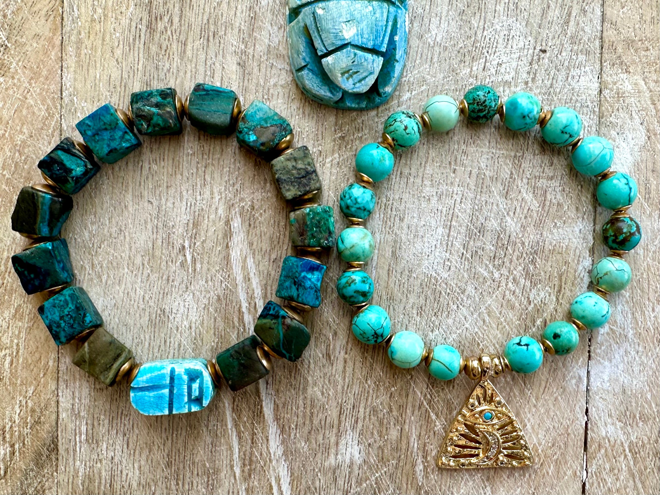 Egyptian Azurite Scarab & Eye of Horus Bracelet Stack