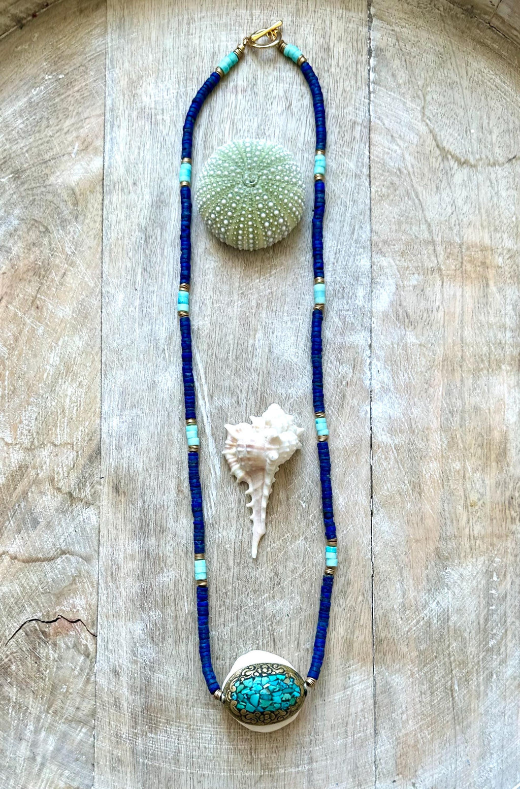 Tibetan Turquoise Pendant Lapis and Bone Necklace